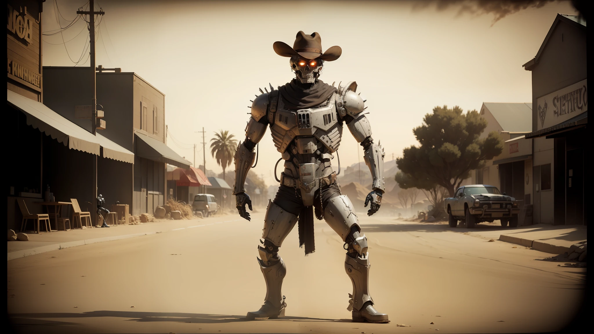 there is a man in a cowboy outfit standing in the middle of a street, endoskeleton, necromancy, full body photography, high detail iconic character, inspired by Richard Anuszkiewicz, costume, desert, animatronic, featured on artstattion, the doomslayer --auto --s2
