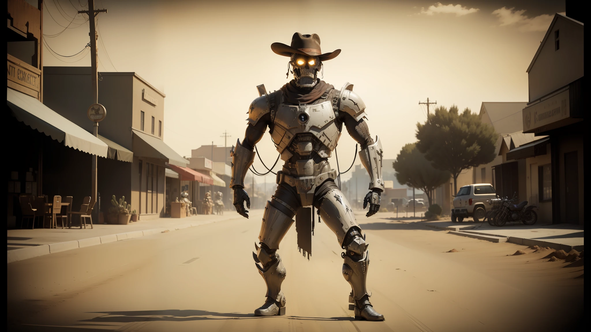 there is a man in a cowboy outfit standing in the middle of a street, endoskeleton, necromancy, full body photography, high detail iconic character, inspired by Richard Anuszkiewicz, costume, desert, animatronic, featured on artstattion, the doomslayer --auto --s2
