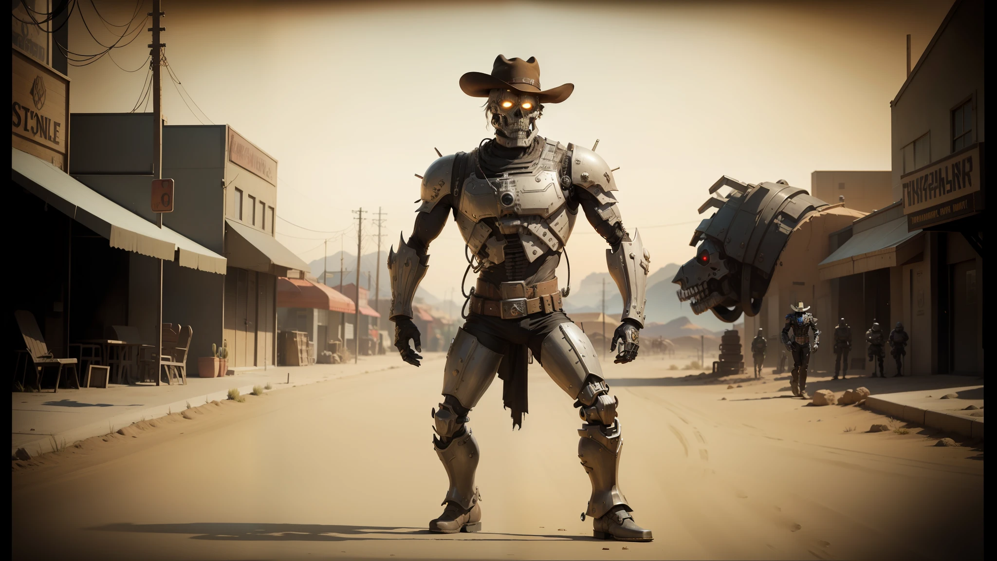 there is a man in a cowboy outfit standing in the middle of a street, endoskeleton, necromancy, full body photography, high detail iconic character, inspired by Richard Anuszkiewicz, costume, desert, animatronic, featured on artstattion, the doomslayer --auto --s2