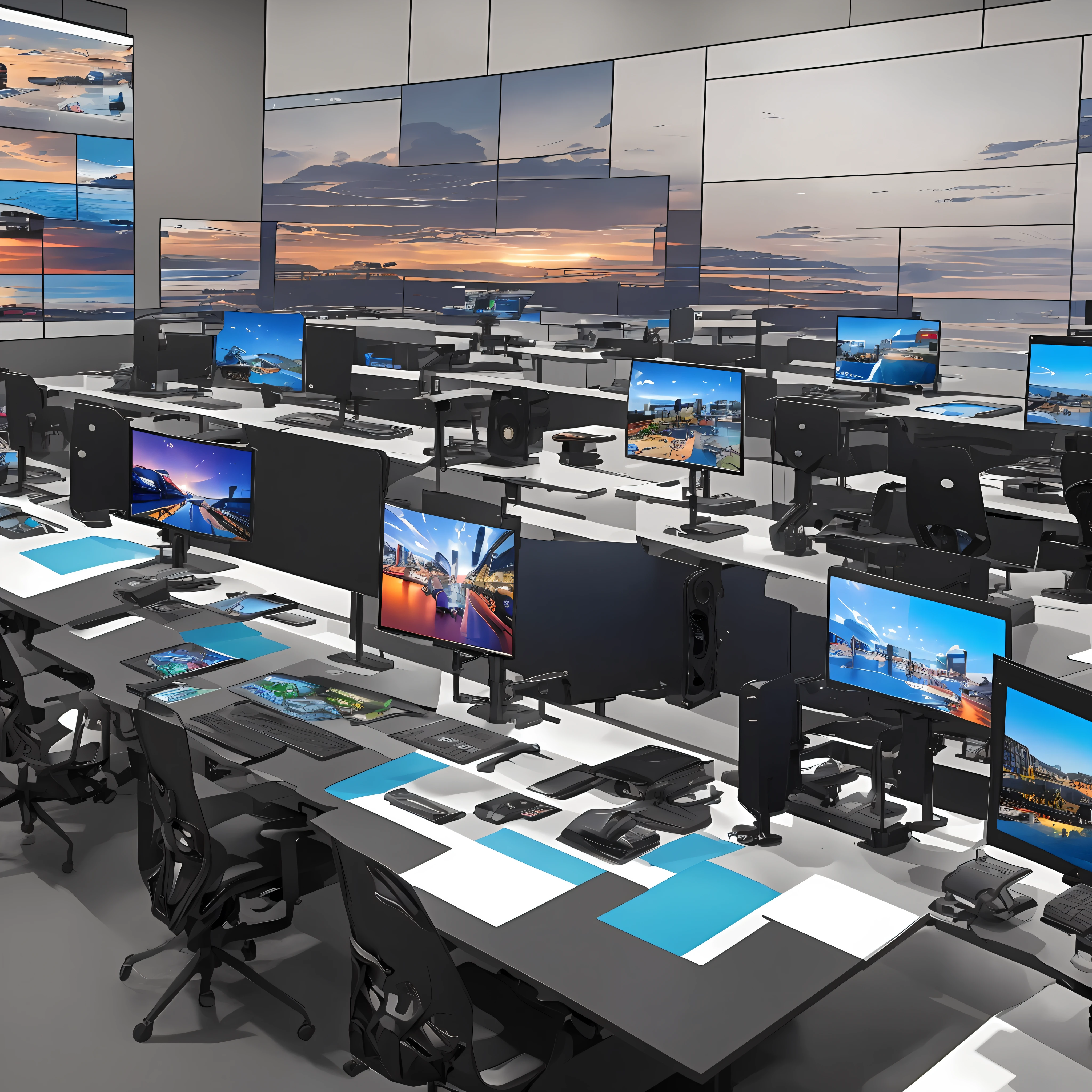 A panoramic camera and production training room is divided into two areas, one area has panoramic cameras, the other area has desks and chairs, and the graphics workstation is placed on the table, and the graphics workstation display is open to Premiere's software interface --auto --s2