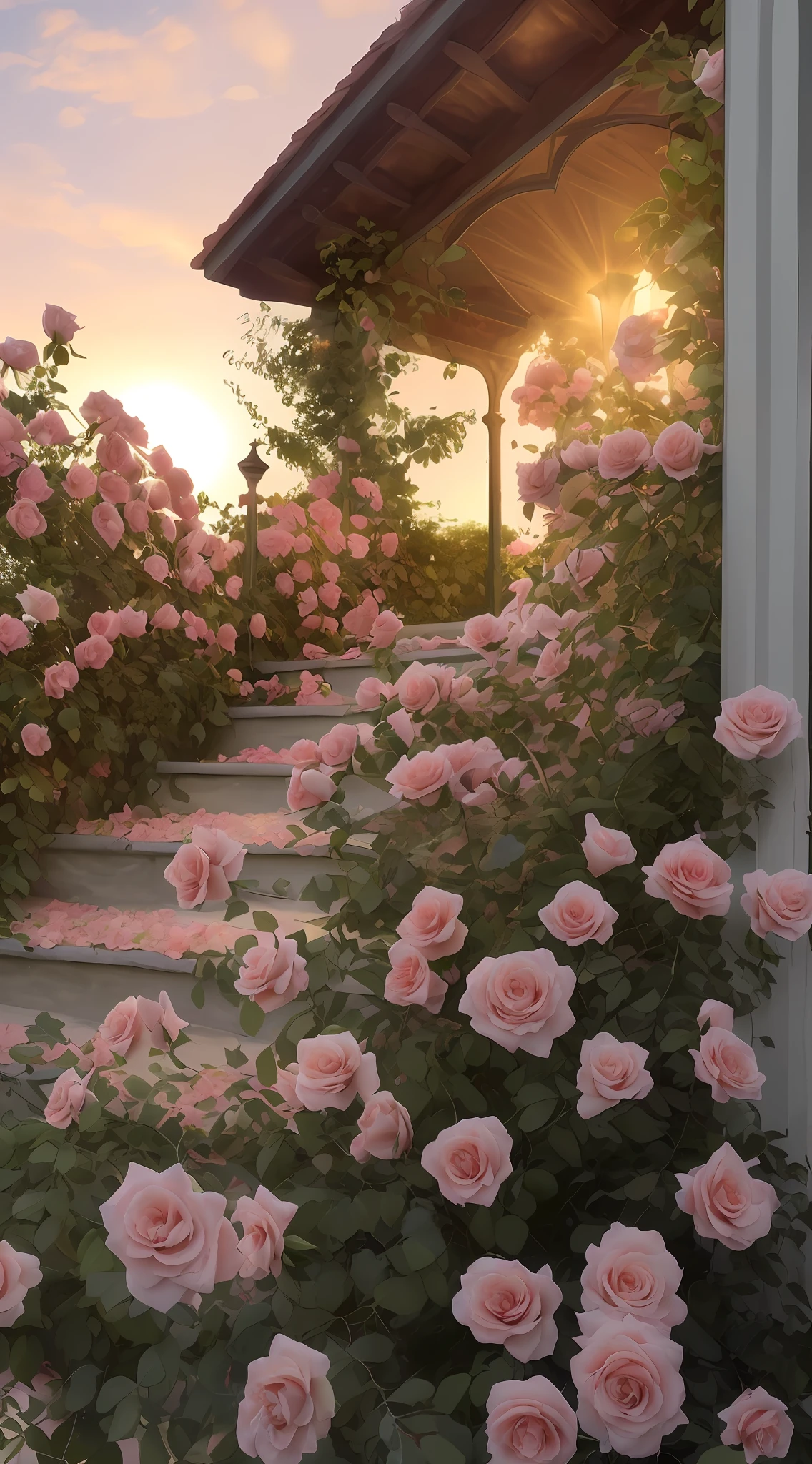 A bush of pink roses outside the house, beautiful and aesthetic, soft pink, beautiful aesthetic, roses in movie lights, lush flowers outdoors, nature and floral aesthetics, rose garden, roses, portal made of roses, beautiful images, roses, fantastic aesthetics, in a cottage core garden, pink golden hour, (masterpiece:1.6, best quality), (fine detailed beautiful eyes: 1.2), (extremely detailed CG unity 8k wallpaper, masterpiece , super detailed, best shadows), (detailed background), high contrast, (best lighting, extremely delicate and beautiful), ((color paint splatter on transparent background, Dulux,)), ((caustics) ), dynamic angles, beautiful detail glow,