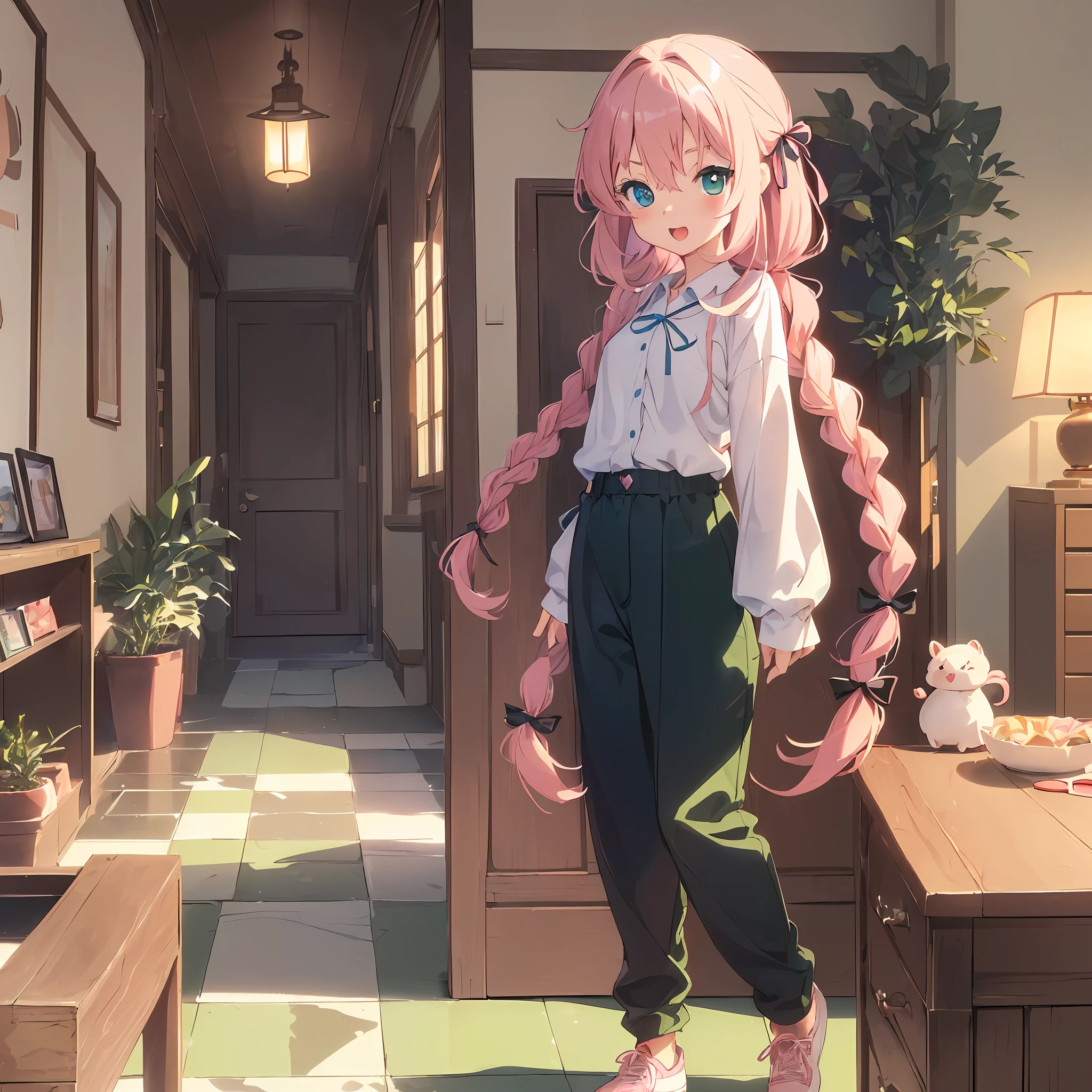 (masterpiece,ultra-detailed,Best quality, 8k, 32k,high resolution,Kyoto Animation style of anime illustration, highest quality official art featuring:1.6),(heterochromia,blue eyes and green eyes:1.8),(chibi:1.8),(caregiver,1 cute girl,solo,standing,looking at viewer,full body,front body,cute open mouth,make up,kawaii,happy smile:1.3),(loli:1.2),(kawaii:1.5),(Clothing:black long under shirt,simple design red polo shirt with 3buttons, black pants),(Footwear:sneaker),(pale pink hair, twin braids, long hair,hair ribbon,cute ribbon:1.1),slender eyebrows, large breast,(bakcground:couch, plant, indoors, scenery, chair, table, pillow, wooden floor, potted plant, tile floor, tiles, lamp),