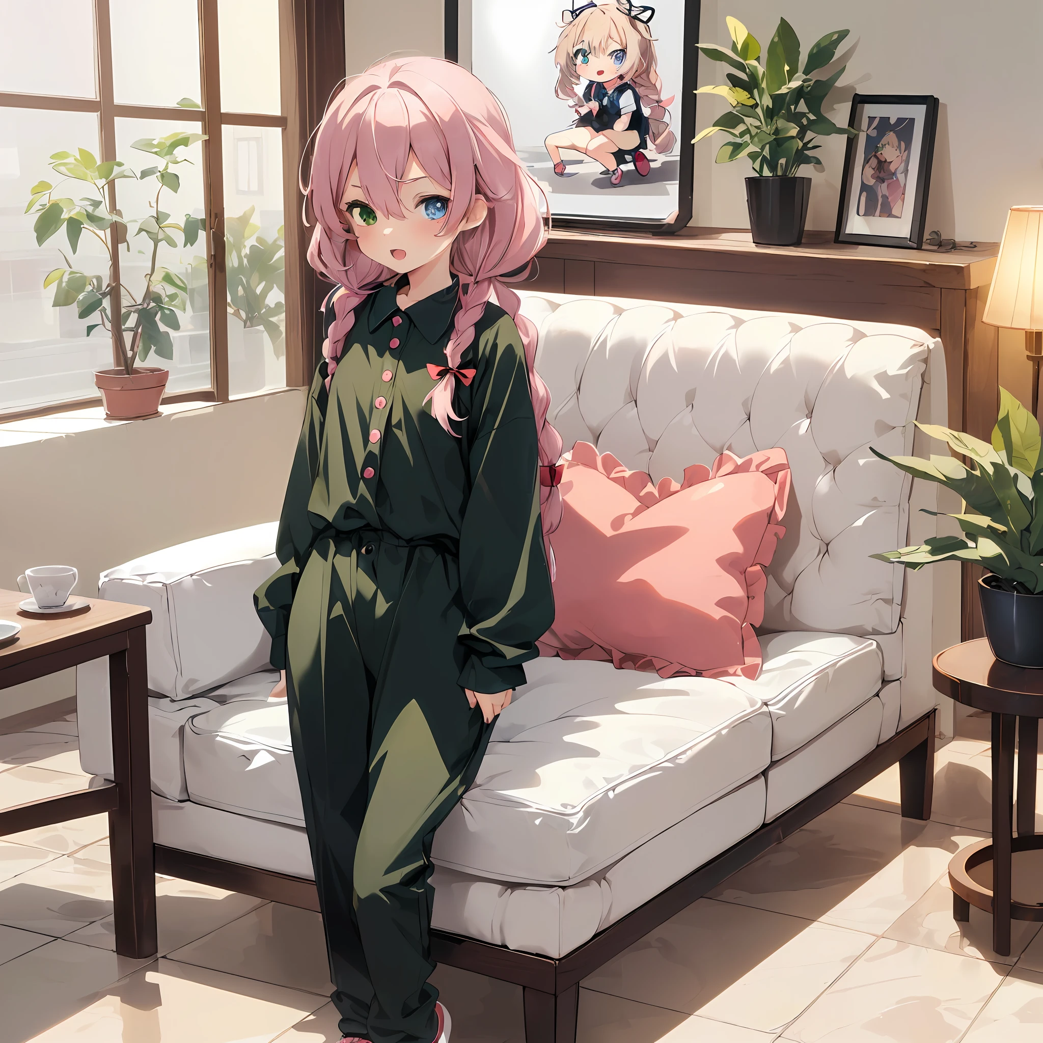 (masterpiece,ultra-detailed,Best quality, 8k, 32k,high resolution,Kyoto Animation style of anime illustration, highest quality official art featuring:1.6),(heterochromia,blue eyes and green eyes:1.8),(chibi:1.8),(caregiver,1 cute girl,solo,standing,looking at viewer,full body,front body,cute open mouth,make up,kawaii,happy smile:1.3),(loli:1.2),(kawaii:1.5),(Clothing:black long under shirt,simple design red polo shirt with 3buttons, black pants),(Footwear:sneaker),(pale pink hair, twin braids, long hair,hair ribbon,cute ribbon:1.1),slender eyebrows, large breast,(bakcground:couch, plant, indoors, scenery, chair, table, pillow, wooden floor, potted plant, tile floor, tiles, lamp),