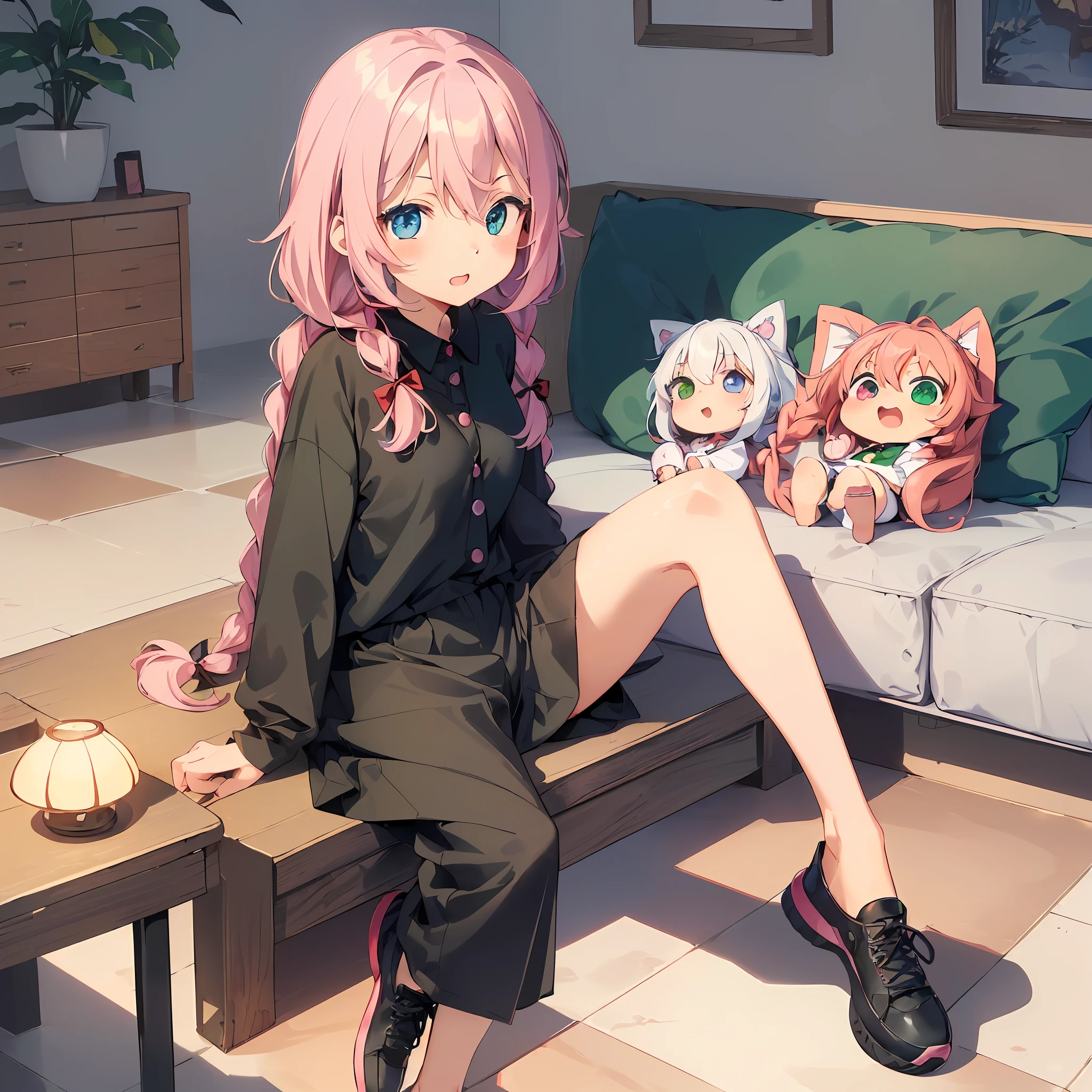 (masterpiece,ultra-detailed,Best quality, 8k, 32k,high resolution,Kyoto Animation style of anime illustration, highest quality official art featuring:1.6),(heterochromia,blue eyes and green eyes:1.8),(chibi:1.8),(caregiver,1 cute girl,solo,standing,looking at viewer,full body,front body,cute open mouth,make up,kawaii,happy smile:1.3),(loli:1.2),(kawaii:1.5),(Clothing:black long under shirt,simple design red polo shirt with 3buttons, black pants),(Footwear:sneaker),(pale pink hair, twin braids, long hair,hair ribbon,cute ribbon:1.1),slender eyebrows, large breast,(bakcground:couch, plant, indoors, scenery, chair, table, pillow, wooden floor, potted plant, tile floor, tiles, lamp),