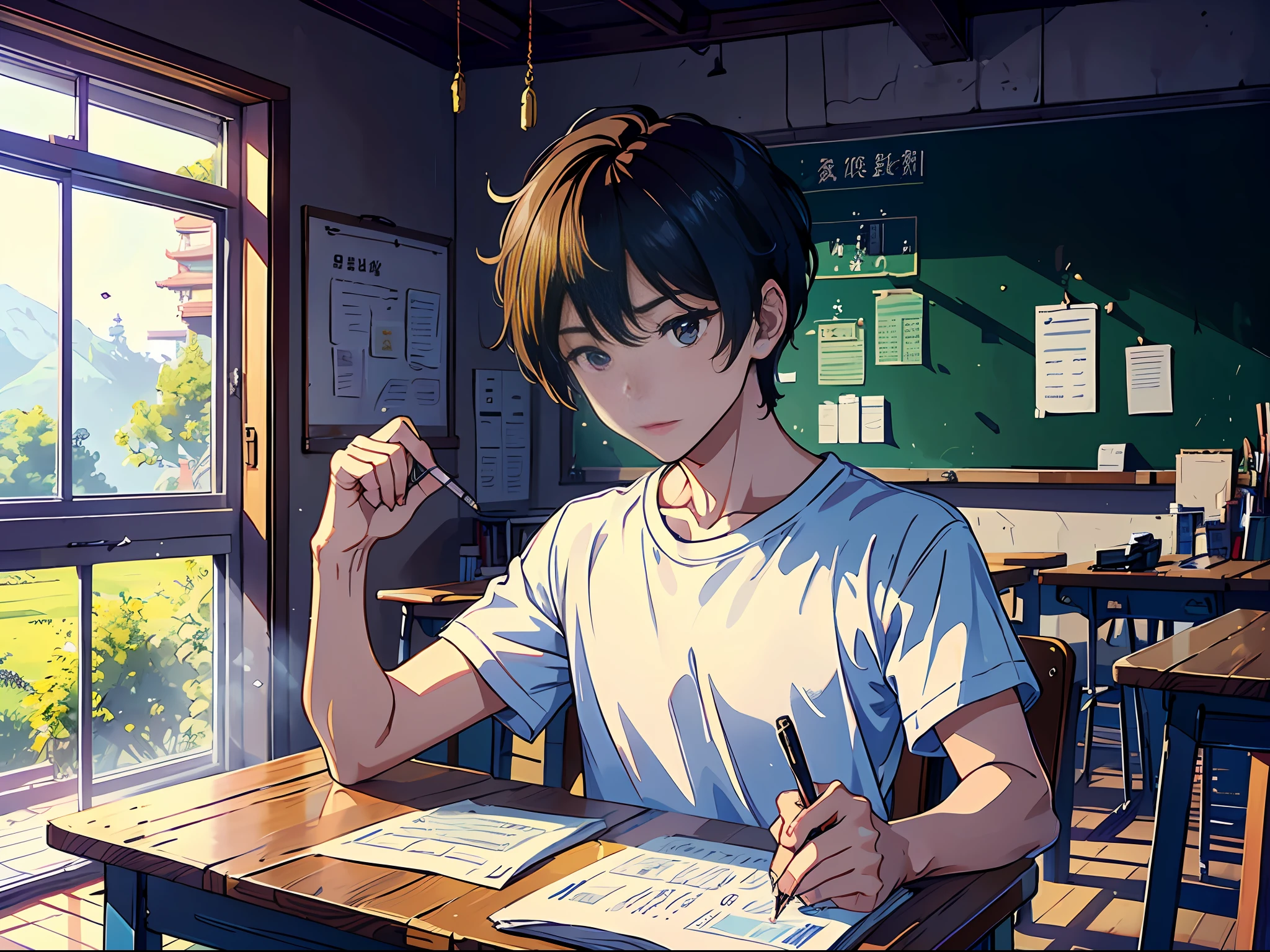 The morning sun is shining, a boy is sitting in the classroom, (boy 1.5) The man is wearing a white T-shirt, the background is in the classroom, sitting on a chair, sitting on a stool, holding a pen, (there is a test paper 1.5), (money falling in the air 2.0), (money falling around 2.0), (money falling around: 3.0), the camera mainly features the upper body, (the shot mainly features money falling down in the classroom 3.0), in the Loepfe art style ((Shinkaicheng), popular in CGStation, Shinkaisei H 2160, inspired by Bian Shoumin, Xinhaicheng, Kavassi, Guwitz style, high quality, 4K, 8K, resolution, -auto-s2