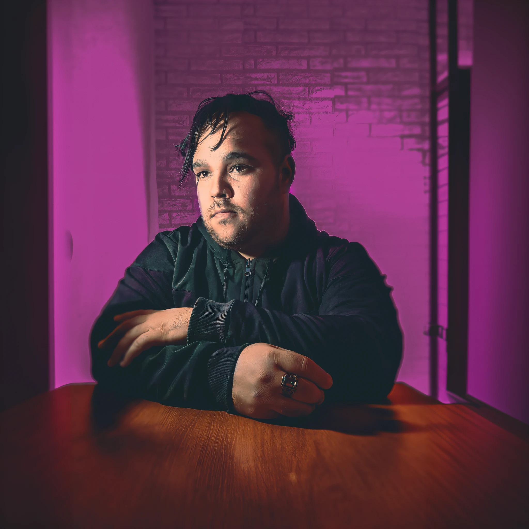 there is a man sitting at a table with a camera, behind him there is a beautiful woman hugging him, kyle hotz, photo of a promotional session, portrait shot 8 k, promotional shot, mid shot portrait, paul davey, a portrait of @hypnos_onc, matt mute color background, inspired by Kyle Lambert, detailed portrait shot, promotional shot, color portrait,  Rhys Lee, promotional essay, high resolution