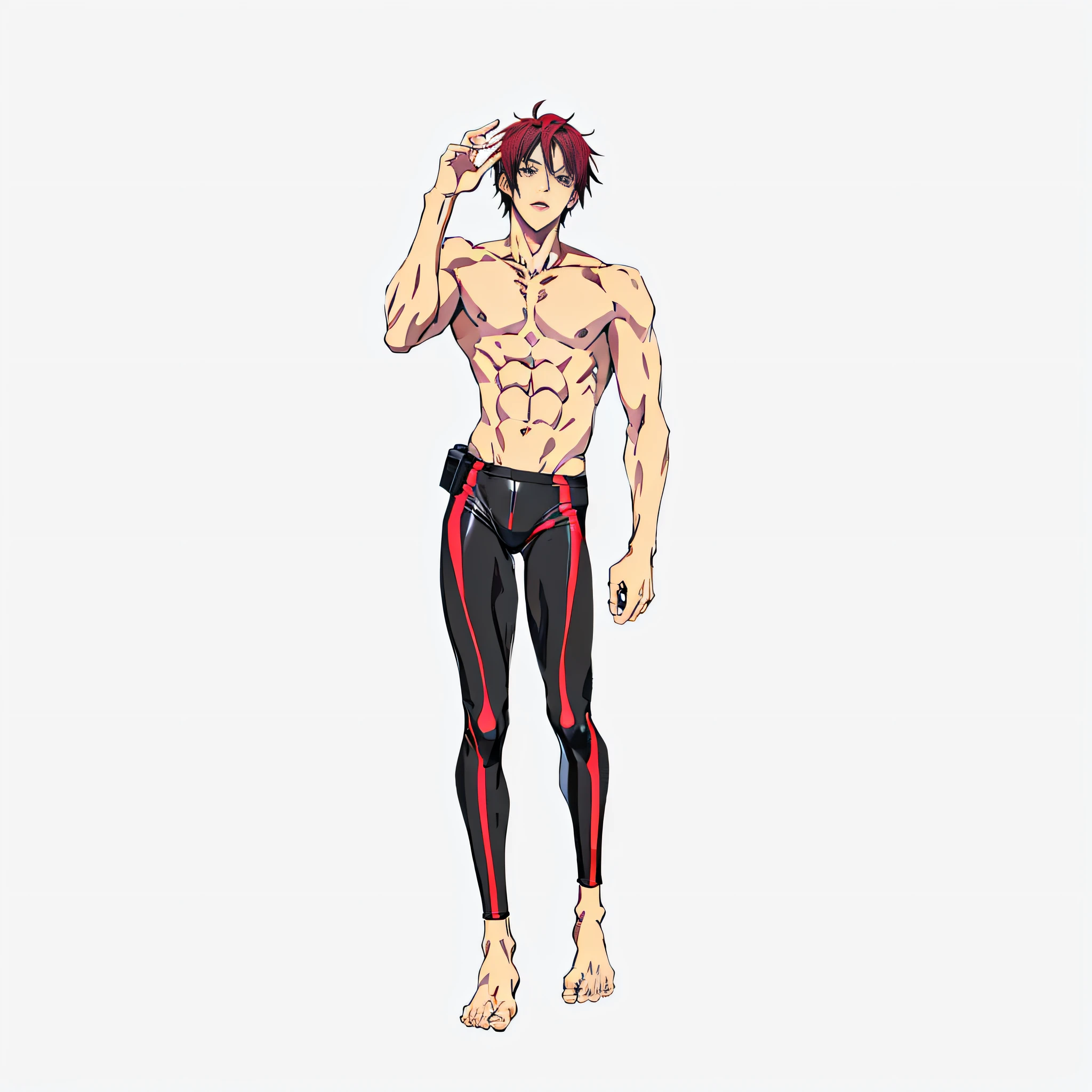 Anime man with red hair in latex clothes standing in front of black background, Kentaro Miura style, male anime character, fire!! Full body, full body concept, full body single character, muscular !!, full character body, Kentaro Miura art style, full body!!, single character full body, handsome anime pose, Kentaro Miura style. raised eyebrows, verism, anime, depth of field, character chart, pov, ultra wide, high detail, first-person perspective, panorama, zoom layer, uhd, ccurate, textured skin, high detail, high resolution, best quality, 1080P, MASTERPIECE. male anime characters, verism, anime, depth of field, character chart, pov, ultra wide, ultra hd, ccurate, textured skin, high detail, high resolution, best quality, 1080p. Full body picture, with feet, beautiful legs slender.  Close-up of a man in a swimsuit, in swimsuit, Kentaro Miura style, tall anime man with black eyes, male anime character, anime vtuber full body model, handsome anime pose There is a man in a latex costume sitting on the floor --auto --s2