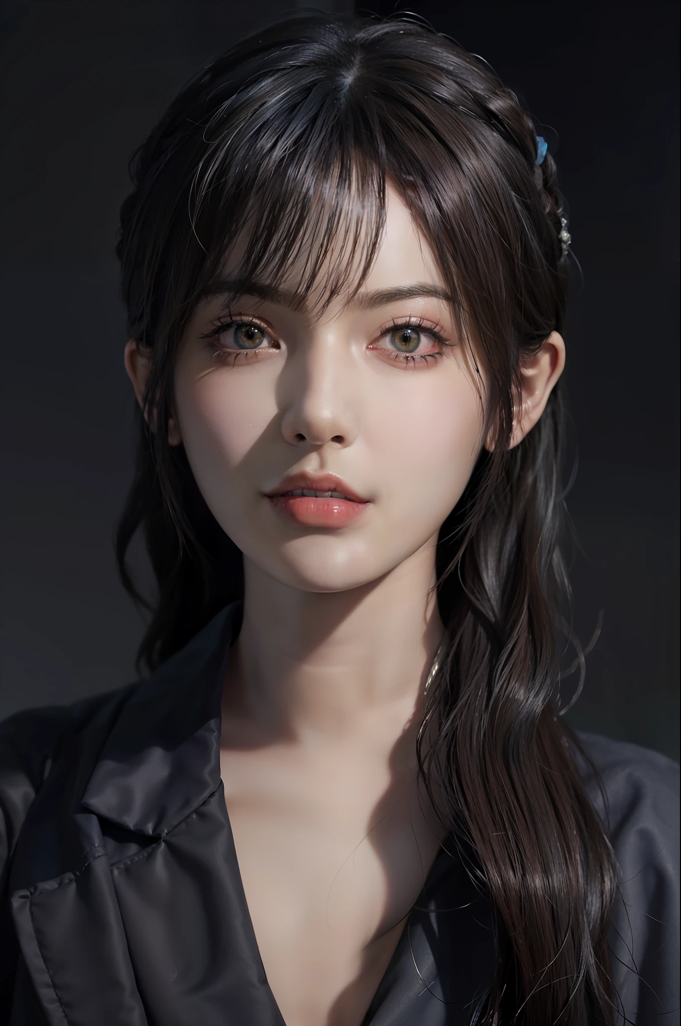 Surrealist female portraits by David Hockney and Alphonse Mucha, fantasy art, photorealism, dynamic lighting, artstation, poster, volumetric lighting, very detailed faces, 4k, award-winning, 1girl, in the dark, deep shadows, understated, work photos, (formal: 1.4), long hair, gray hair,