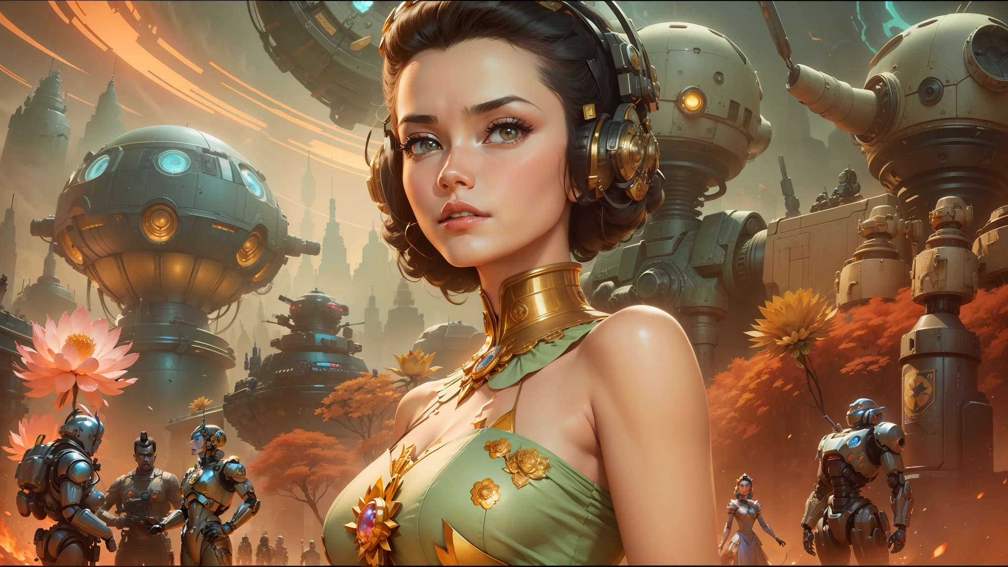 arafed image of a woman in a dress with a bunch of robots in the background, movie-cover-art headshot, youtube thumbnail, atompunk, gilded lotus princess, animated movie scene, high detail art, by Jan Tengnagel, inspired by Gil Elvgren, widescreen shot, dribbble, james jean aesthetic --auto --s2