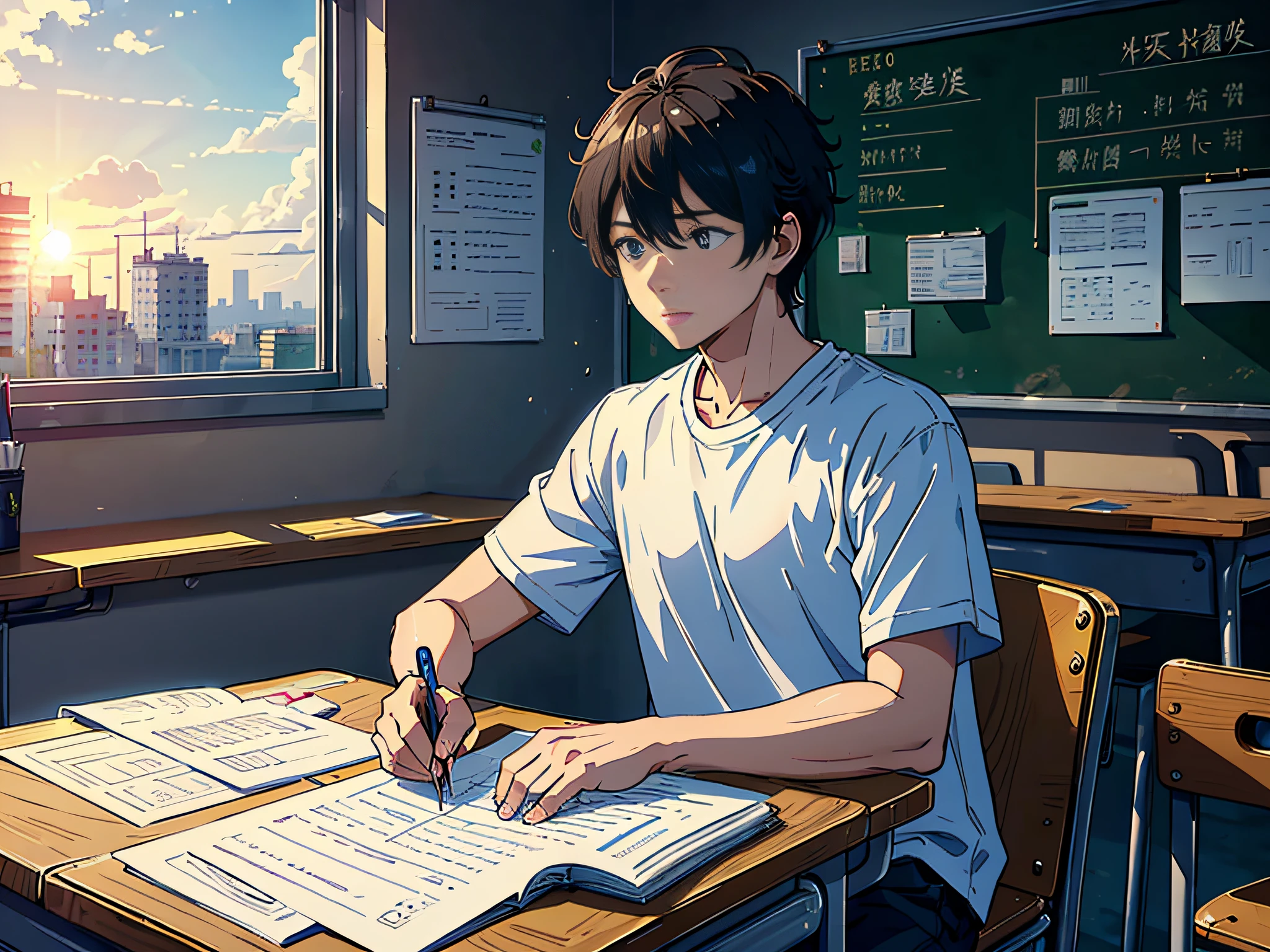 The sun is shining at noon, a boy is sitting in the classroom, (boy 1.5) The man is wearing a white T-shirt, the background is in the classroom, sitting on a chair, sitting on a stool, holding a pen, (there is a test paper 1.5), (Money Falling Down in the Classroom 2.0) (Money Falling Around: 3.0), the lens mainly features the upper body, (the lens mainly features money Falling Down in the classroom 3.0), in the Loepfe Art Style ((New Sea City), popular in CGStation, Shinkai Cheng H 2160, inspired by Bian Shoumin, Xinhaicheng, Kavassi, Guwitz style, high quality, 4K, 8K, resolution, -auto-s2