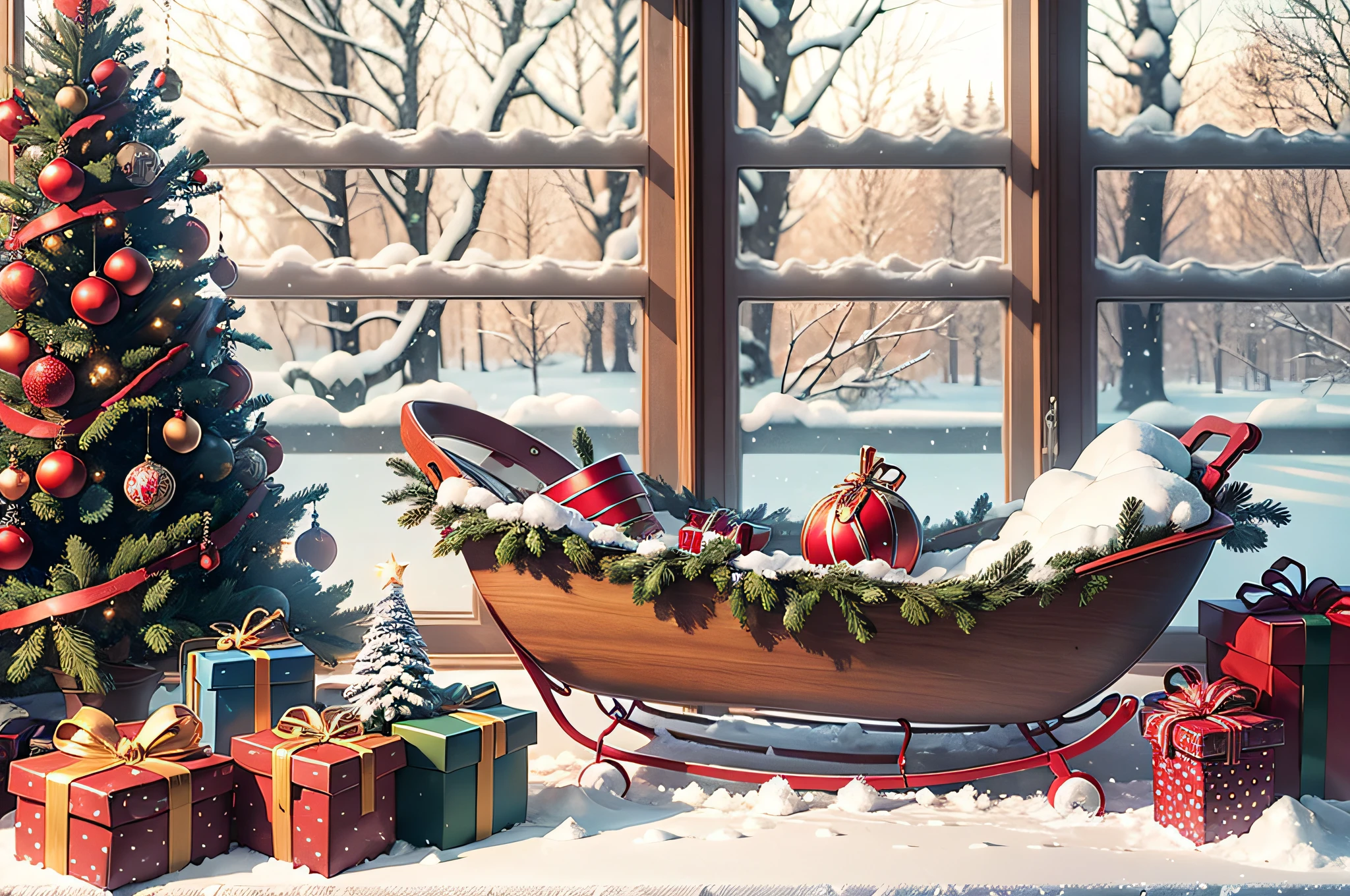 A window and Christmas sleigh with a garland, trees and snow outside the window, HD, two Christmas trees in front of the window, lots of gifts under the tree --auto --s2