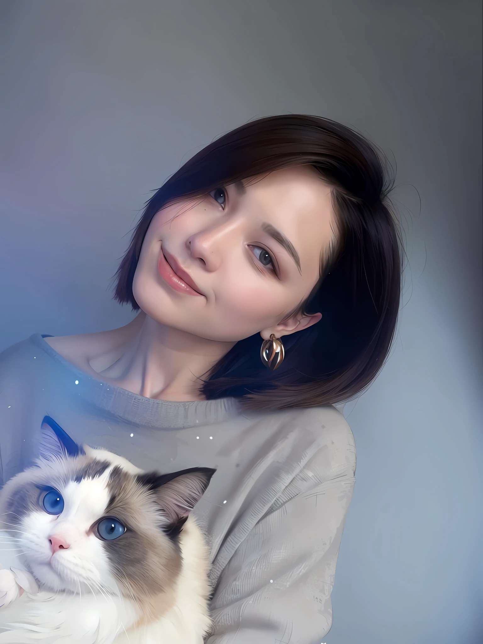 A woman holding a cat in her arms, short hair, profile picture