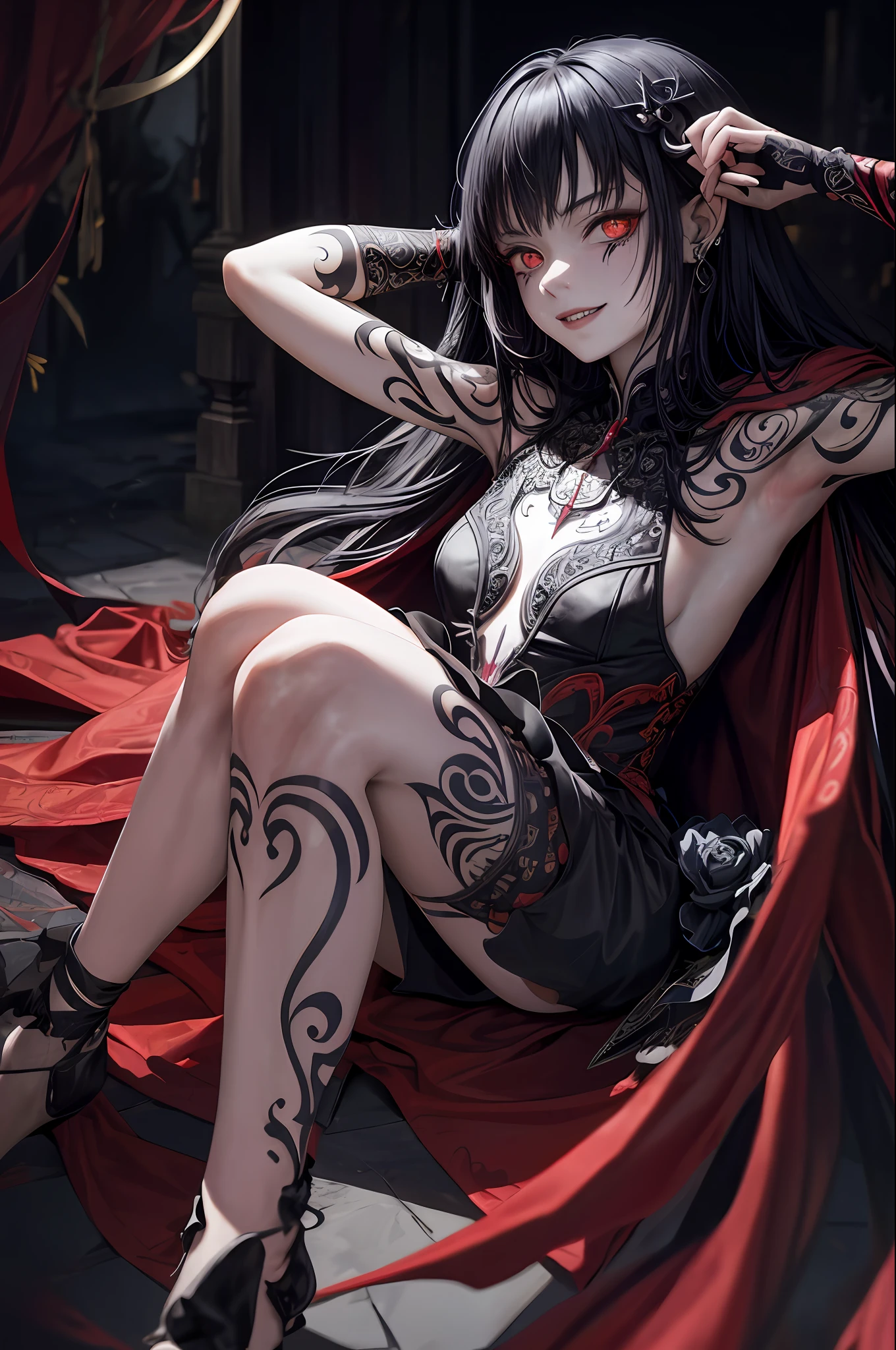 Official Art, Unity 8k Wallpaper, Ultra Detailed, Beautiful and Aesthetic, Masterpiece, Top Quality, (Zentangle, Mandala, Tangled), (Fractal Art: 1.3), One Girl, Very Detailed, Dynamic Angle, Cowboy Shot, Most Beautiful Form Chaotic, Elegant, Brutalist Design, Vibrant Color, Romanticism, James Jean, Robbie Dowi Antono, Ross Tran, Francis Bacon, Michal Muratz, Adrian Guyney, Petra Cortwright, Gerhard Richter, Takato Yamamoto, Ashley Wood, atmosphere, ecstasy notes, streaming notes appear masterpieces: 1.2, highest quality), (best lighting, very delicate and beautiful), (best lighting, very delicate and beautiful), (beautiful detailed face), (detailed eyes and detailed face:1.2), dark fantasy, (young girl, little beast, 1girl, solo, crazy smile, pale skin,piercing,((tattoos all over body,tribal tattoos all over legs)) gray hair, red glowing eyes, dynamic angle, vampires), (get vampire castle in the background), (red moon, red sky), pointy_ears, Fangs, Demon Wings, Demon Horns, Blood on Face, Blood Rain, Blood Mist, (Depth of Field), High Contrast, (Blood Splash: 1.4), Cowboy Shot, Full Body, Nightgown