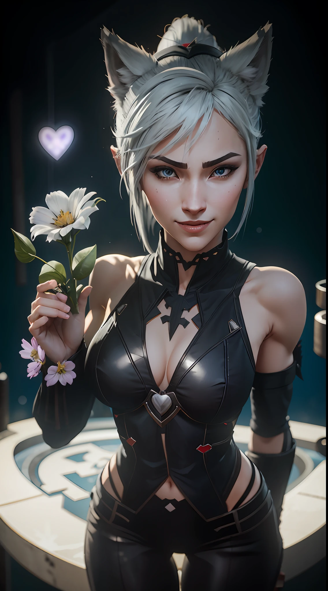 Sexy female wolf, full body, furry body, muscle body, white hair, split ponytail, halo, flower on head, aqua eyes, heart-shaped eyes, pointy ears, grin, crazy, Pixar, high detail, backlighting, ray tracing, depth of field, close-up, bokeh, Canon, UHD, high details, anatomically correct, super detail, 8k, best quality
