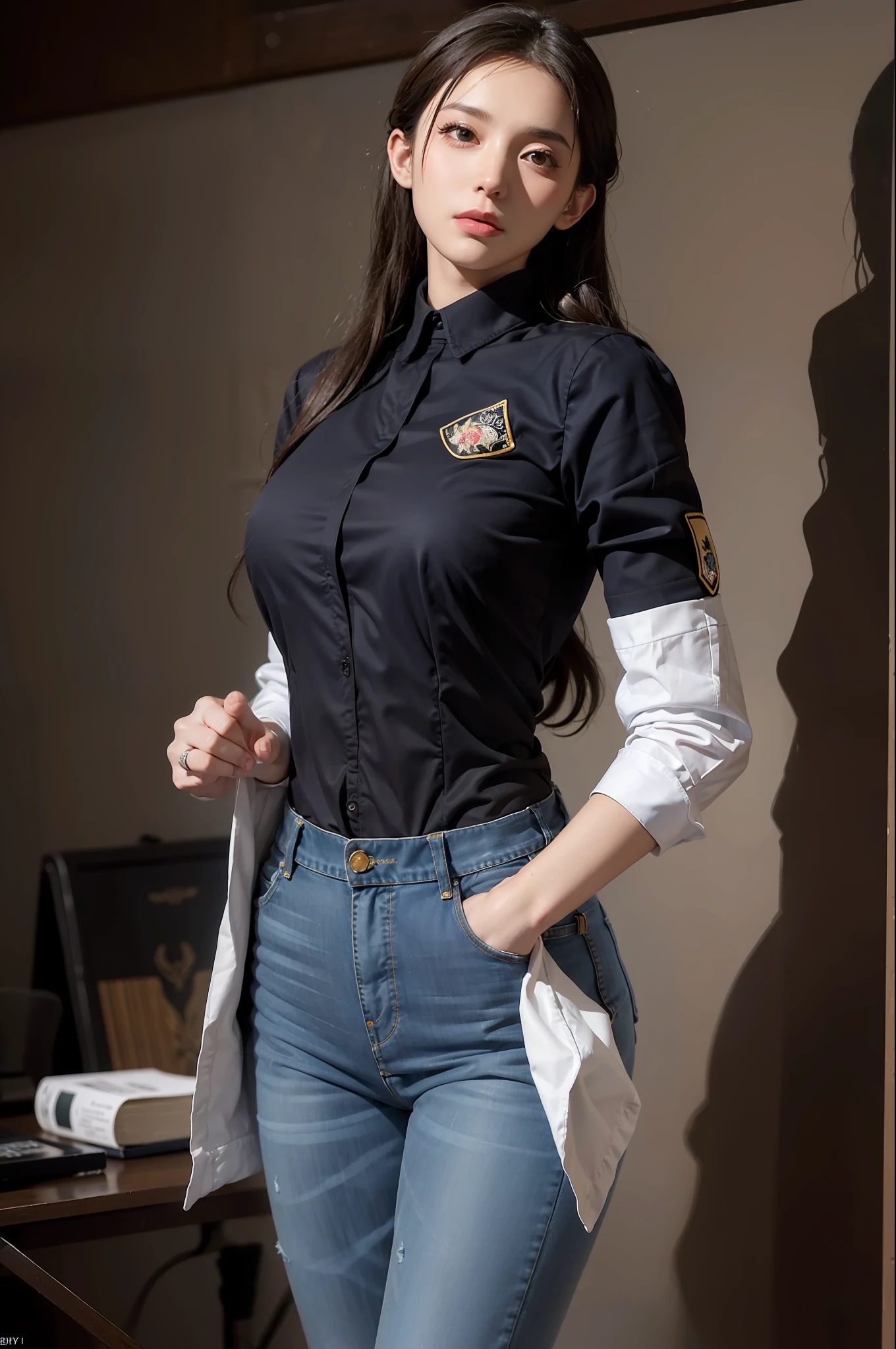(Front Focus), (In the Dark: 1.6), Surrealist Female Portraits by David Hockney and Alphonse Mucha, Fantasy Art, Photo Realism, Dynamic Lighting, ArtStation, Poster, Volumetric Lighting, Very Detailed Faces, 4 K, Award-Winning , 1girl, In the Dark, Deep Shadow, Low Key, Cowboy Shot, (Official Uniform: 1.4), Long Hair, Gray Hair, Sexy Jeans, Back