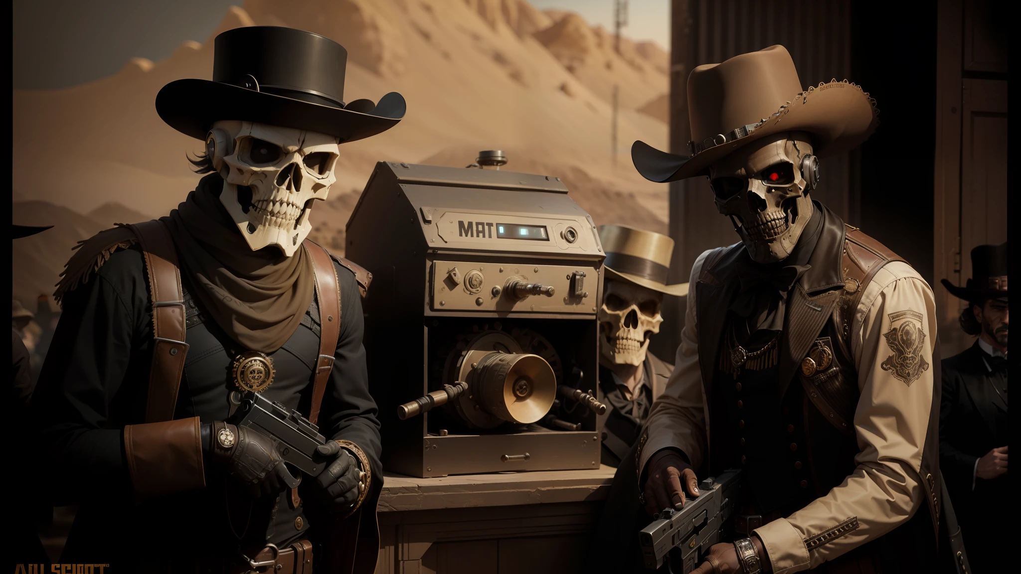 they are dressed in costumes and hats and holding guns, hardcore techno, wild west background, 2019 trending photo, alien skull, clockwork automaton, club photography, desert photography, promotional artwork, costumes --auto --s2