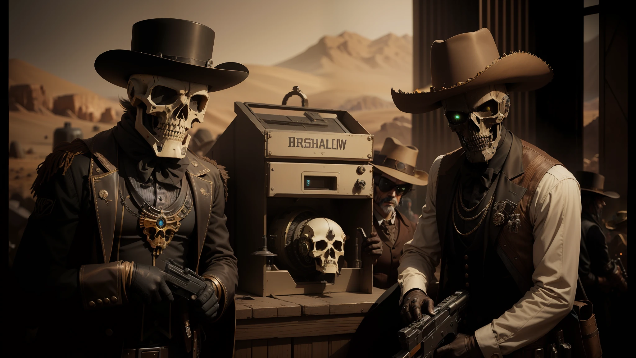 they are dressed in costumes and hats and holding guns, hardcore techno, wild west background, 2019 trending photo, alien skull, clockwork automaton, club photography, desert photography, promotional artwork, costumes --auto --s2