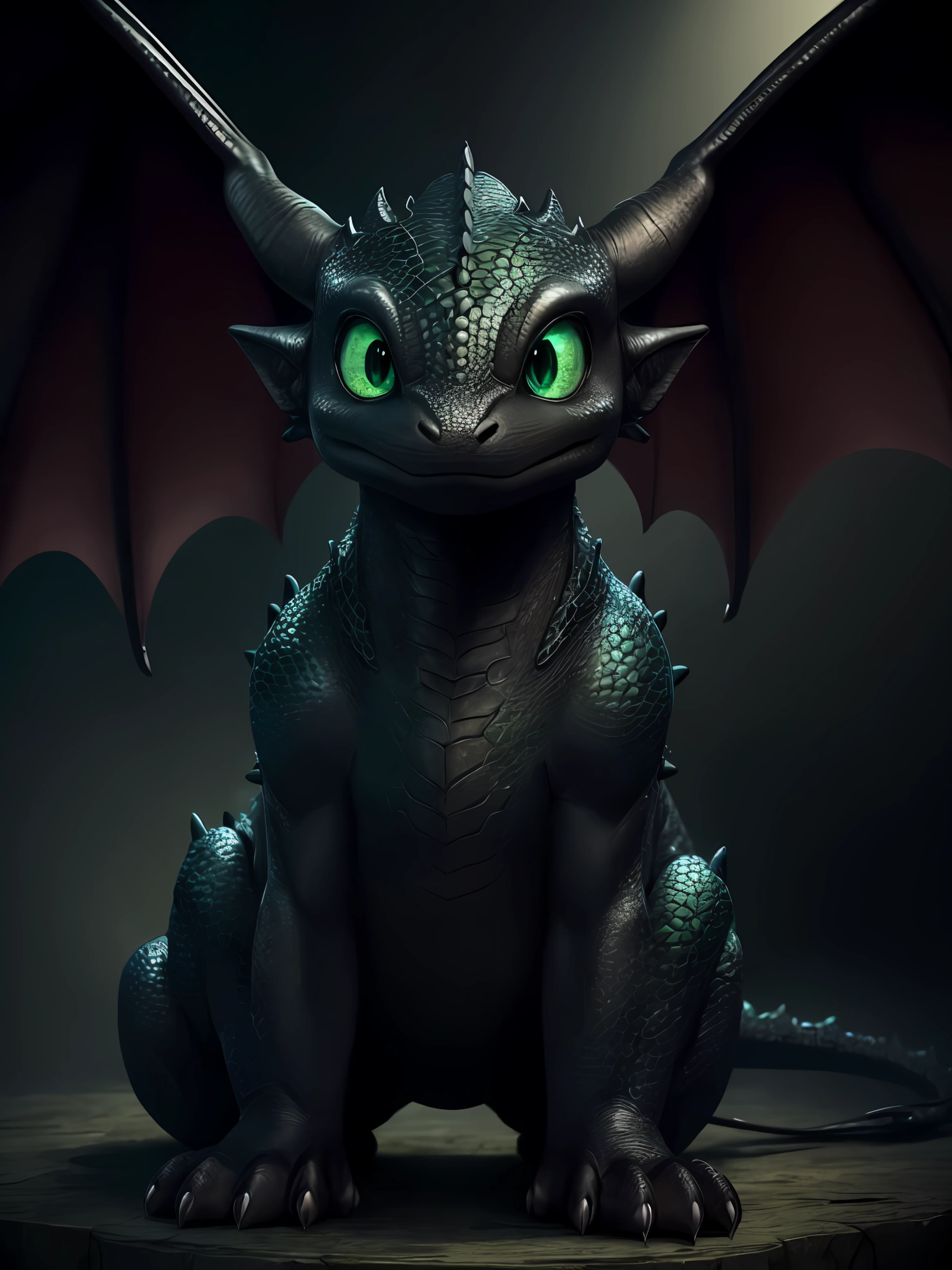 Baby dragon, beautiful two wide vibrant green eyes, love, tenderness, four legs, detailed realistic skin, dark black skin, detailed eye, dark leather body, smooth head, realistic lighting, wide head but smaller height, black body, (two wings), (1head), how to train your dragon, standing, body textures quality, happy face, neutral smile, smooth head, (wings in the center of the back), stylish tail, realistic paws, two legs,