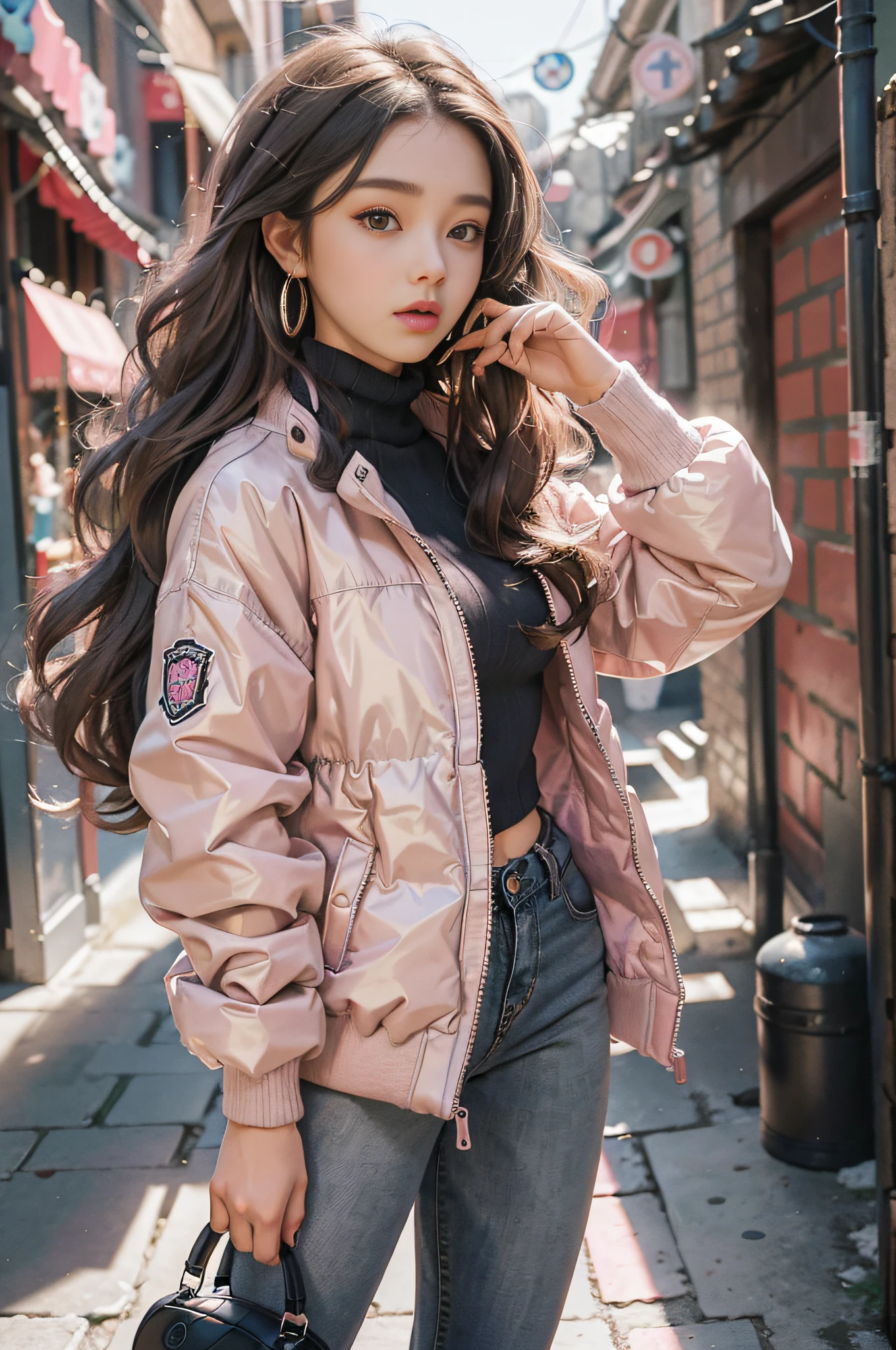 official art, masterpiece, (high definition:1.3), 1girl ,solo, gray puffer jacket, pink turtle neck sweater, black jeans, long wavy hair, brown hair, big round eyes, gray eyes, soft pink lips, hoop earrings, dark alley background, 18 years old , natural lighting, (3/4 body shot:1.6), standing, sam yang