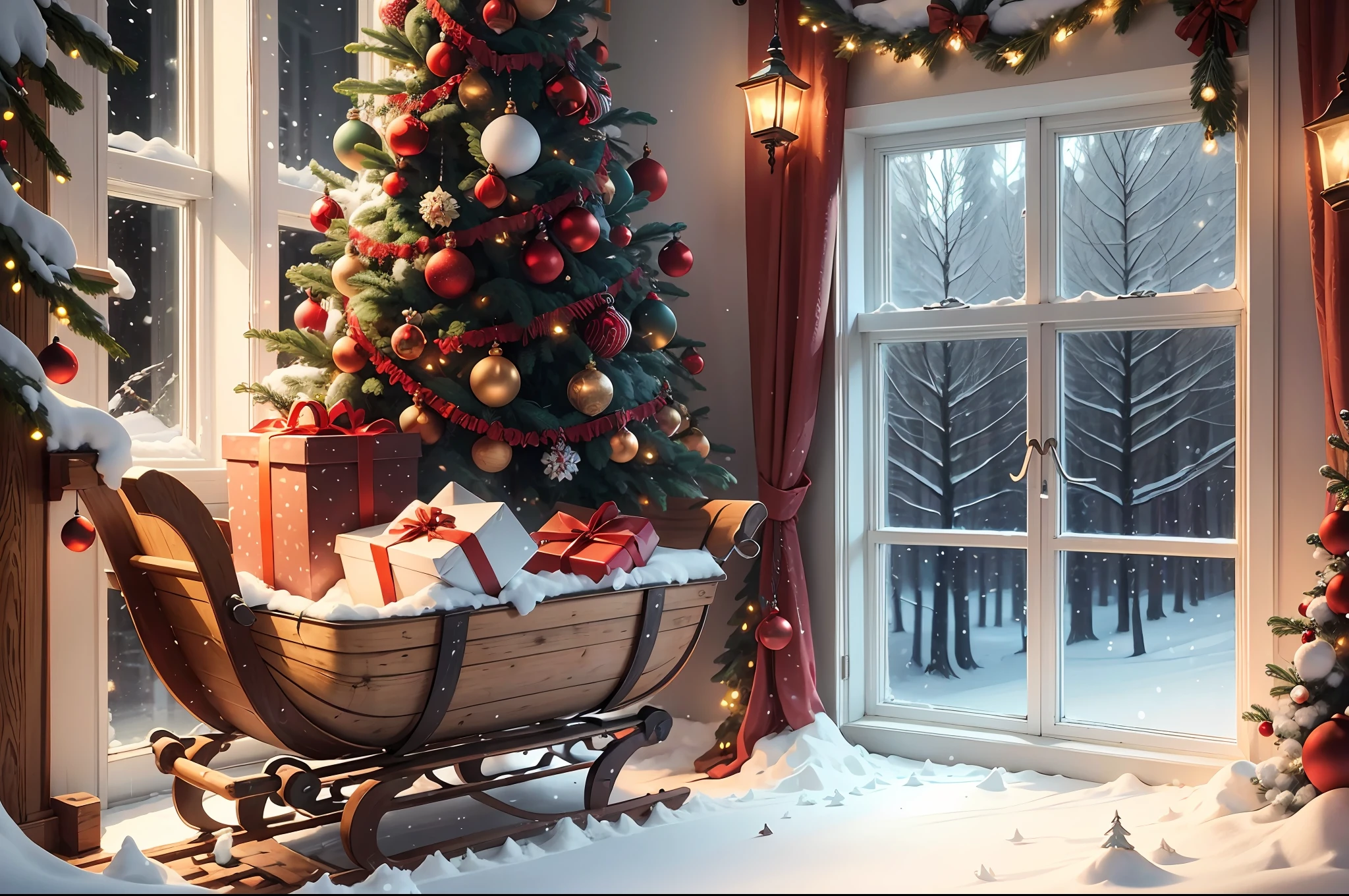 A window and Christmas sleigh with a garland, trees and snow outside the window, HD, two Christmas trees in front of the window, lots of gifts under the tree --auto --s2