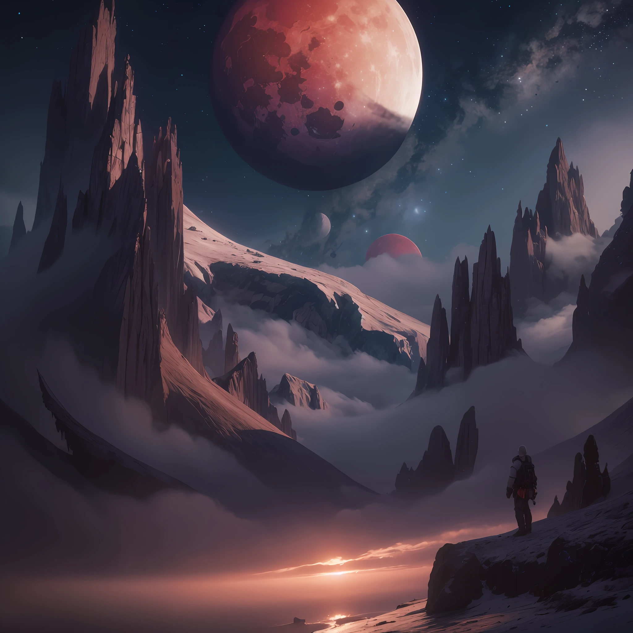 mountains and a lake with 2 moons: one big blood moon and one smaller blue planet in the sky, 4k highly detailed digital art, 4 k hd wallpaper very detailed, impressive fantasy landscape, sci-fi fantasy desktop wallpaper, unreal engine 4k wallpaper, 4k detailed digital art, sci-fi fantasy wallpaper, epic dreamlike fantasy landscape, 4k hd matte digital painting, 8k stunning artwork --auto --s2