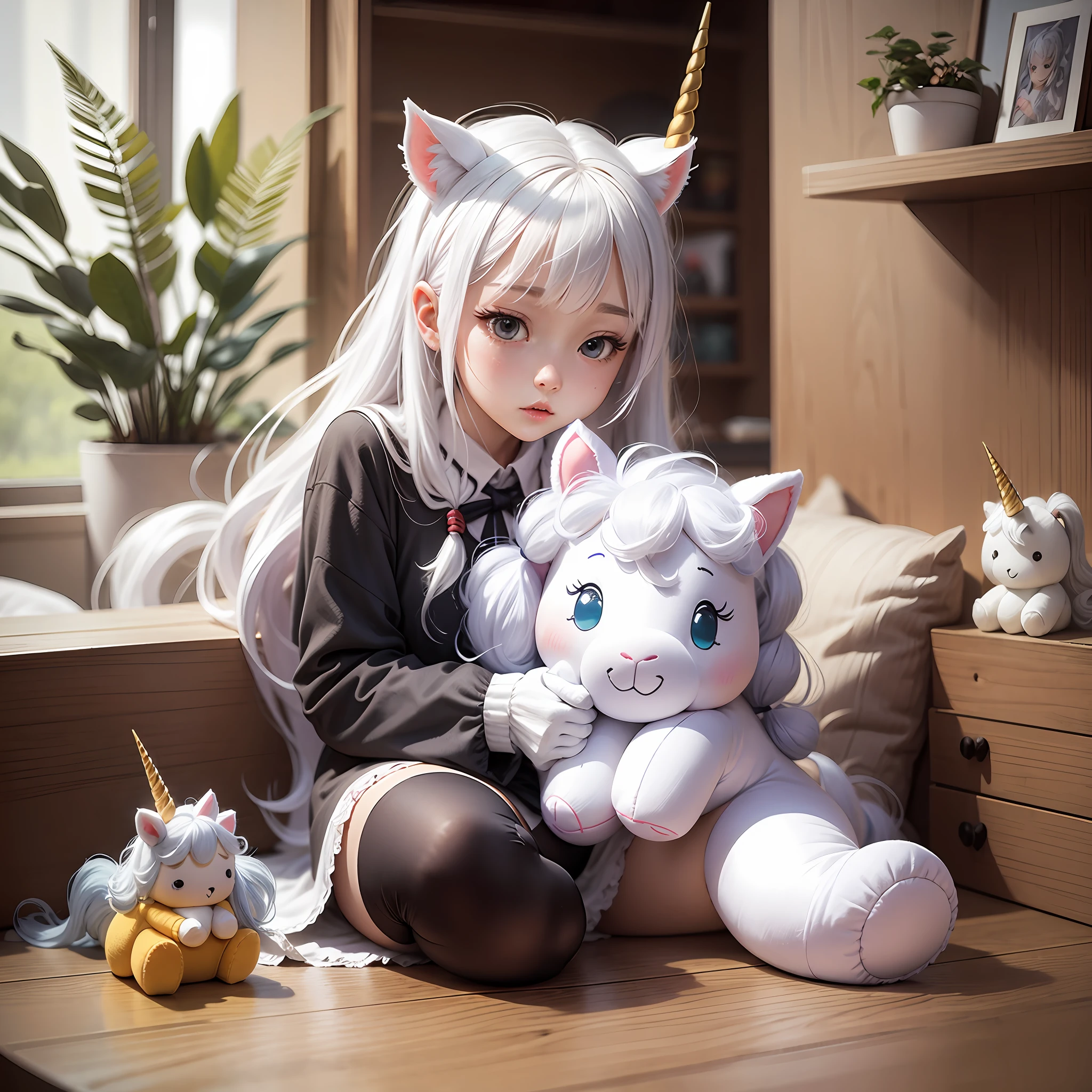 Plush five toys, cute shape, sitting, white hair, complex, unicorn --auto --s2