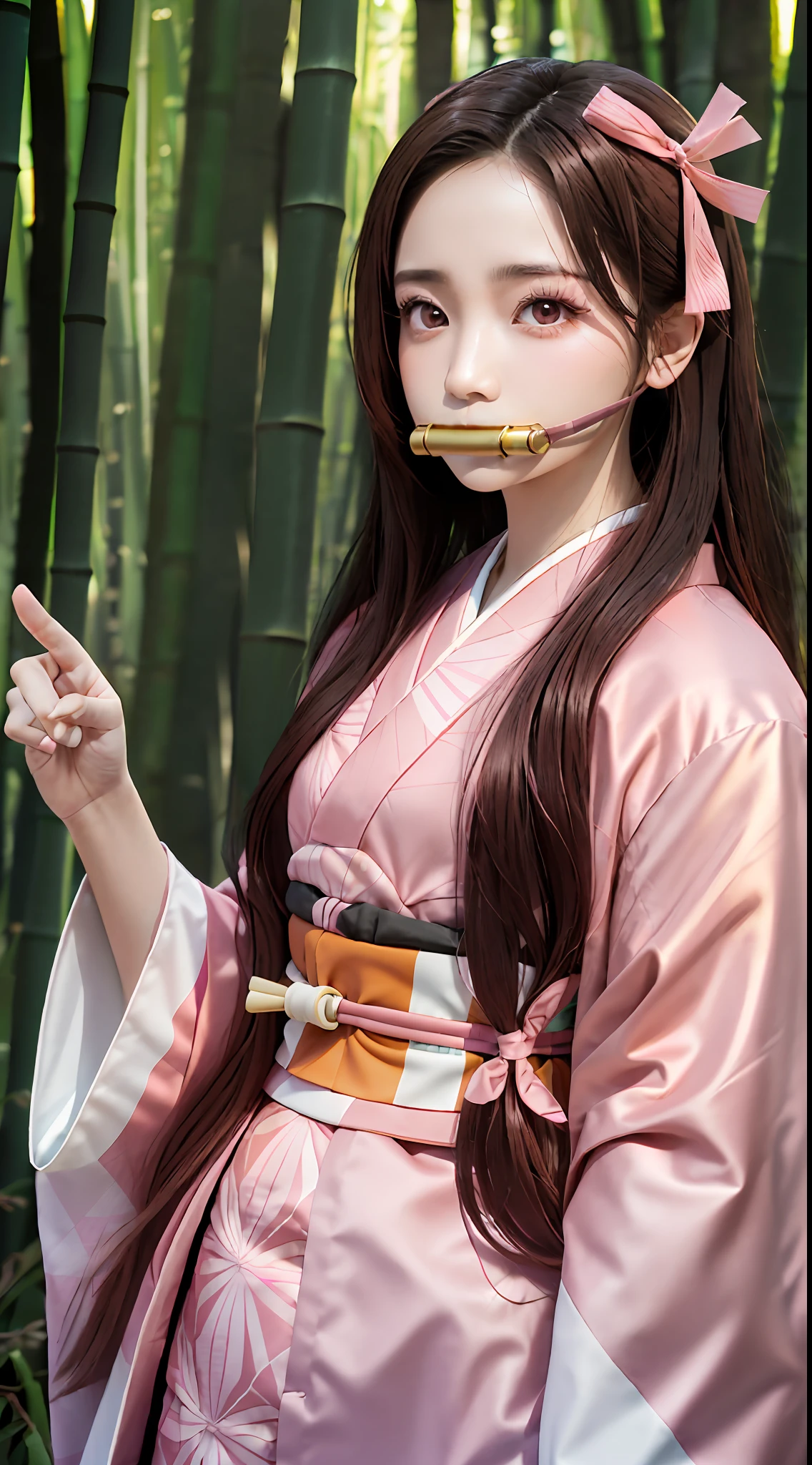 Masterpiece, best quality, high resolution, venus1,1girl, solo, Tsuko Kamato, bamboo, brown hair, (((pink ribbon)) checkered belt, gag, gag, gradient hair, haori, japanese clothes, kimono, long hair, looking at the audience, pink eyes, pink kimono, pink ribbon, solo,