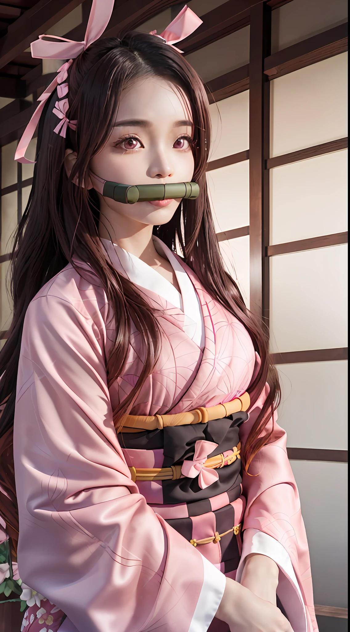 Masterpiece, best quality, high resolution, venus1,1girl, solo, Tsuko Kamato, bamboo, brown hair, (((pink ribbon)) checkered belt, gag, gag, gradient hair, haori, japanese clothes, kimono, long hair, looking at the audience, pink eyes, pink kimono, pink ribbon, solo,