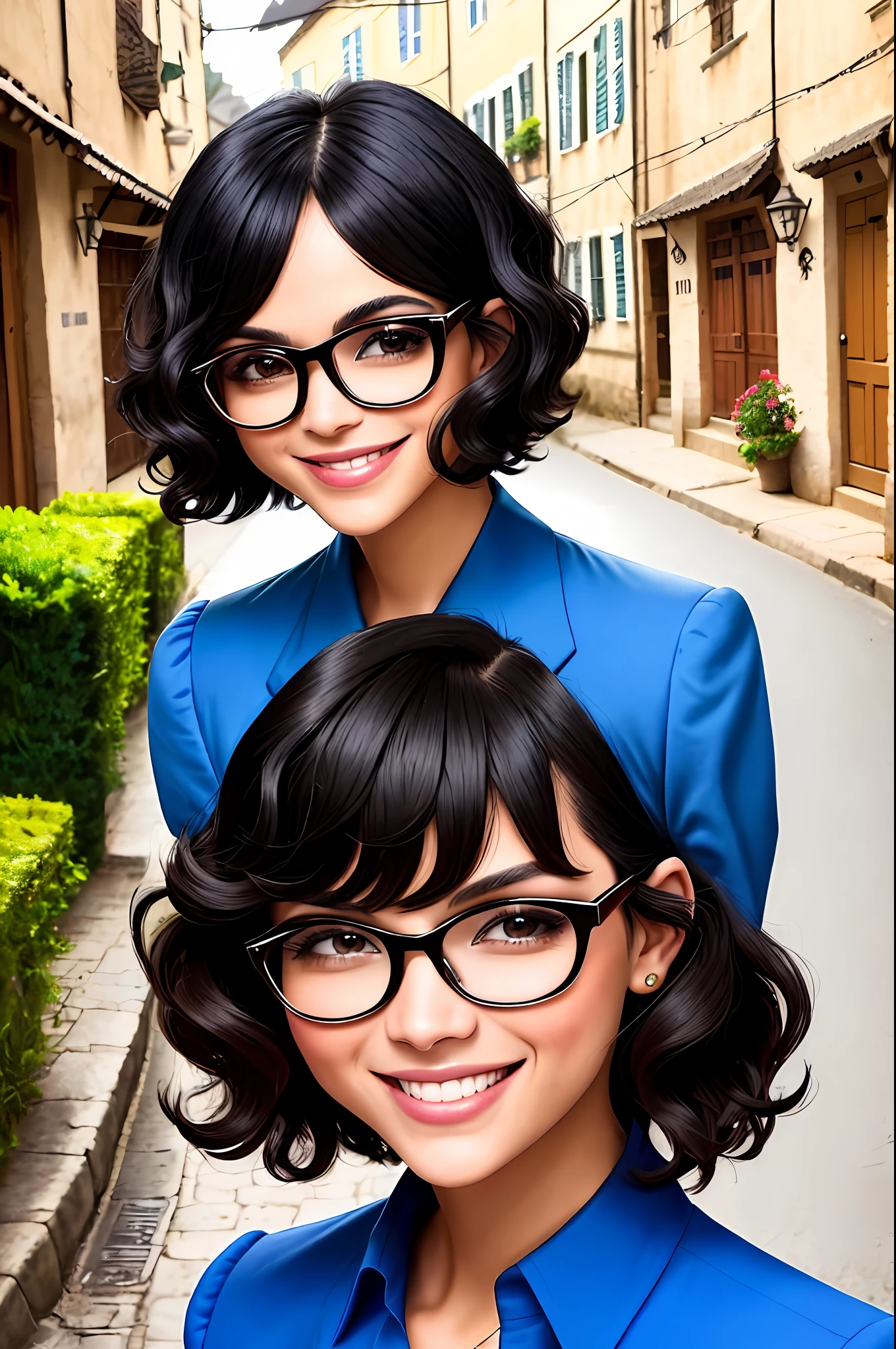 An extraordinary photograph depicting a charming electrifying hottie with curly black hair bob haircut, wearing glasses, cheerful smile and bright eyes wearing vivid elegant clothes, captured in the middle of a quiet village street.