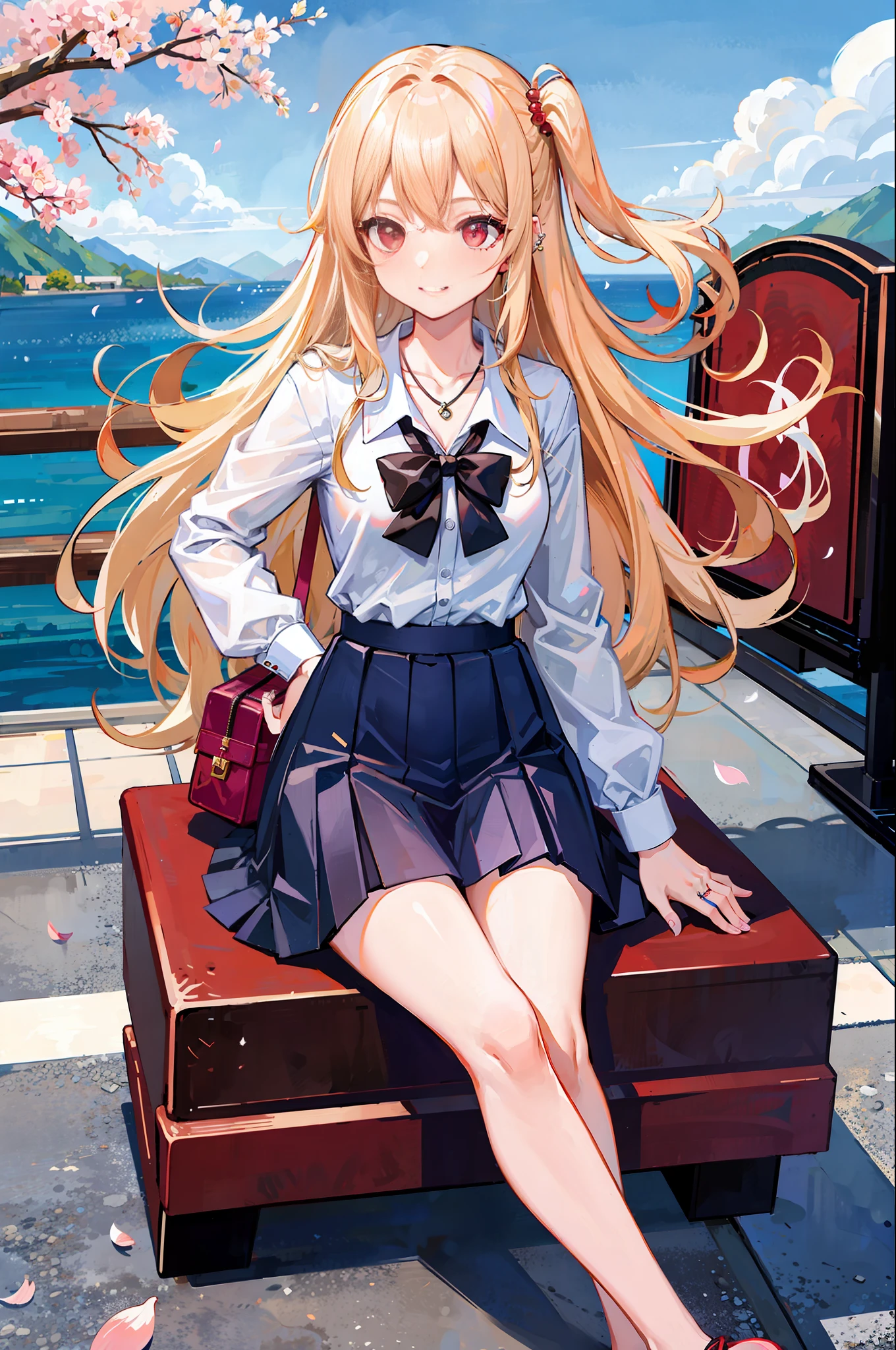masterpiece, best quality, 1 girl, long hair, bored, sitting, feet up, sole, 0.6,bangs, black necklace, black tie, blonde hair, blue skirt, blush, bracelet, breasts, necklace, waist dress, collarbone, collared shirt, denim lens, dress shirt, ear piercing, eyebrows visible through hair, gradient hair, grinning, gyaru, jewelry, kogal, long hair, looking at the audience, loose tie, tie, piercing, plaid skirt, pleated skirt, red eyes, ring, school uniform, shirt, dress, smile, solo, white shirt, street, sky, cherry blossoms, petals,