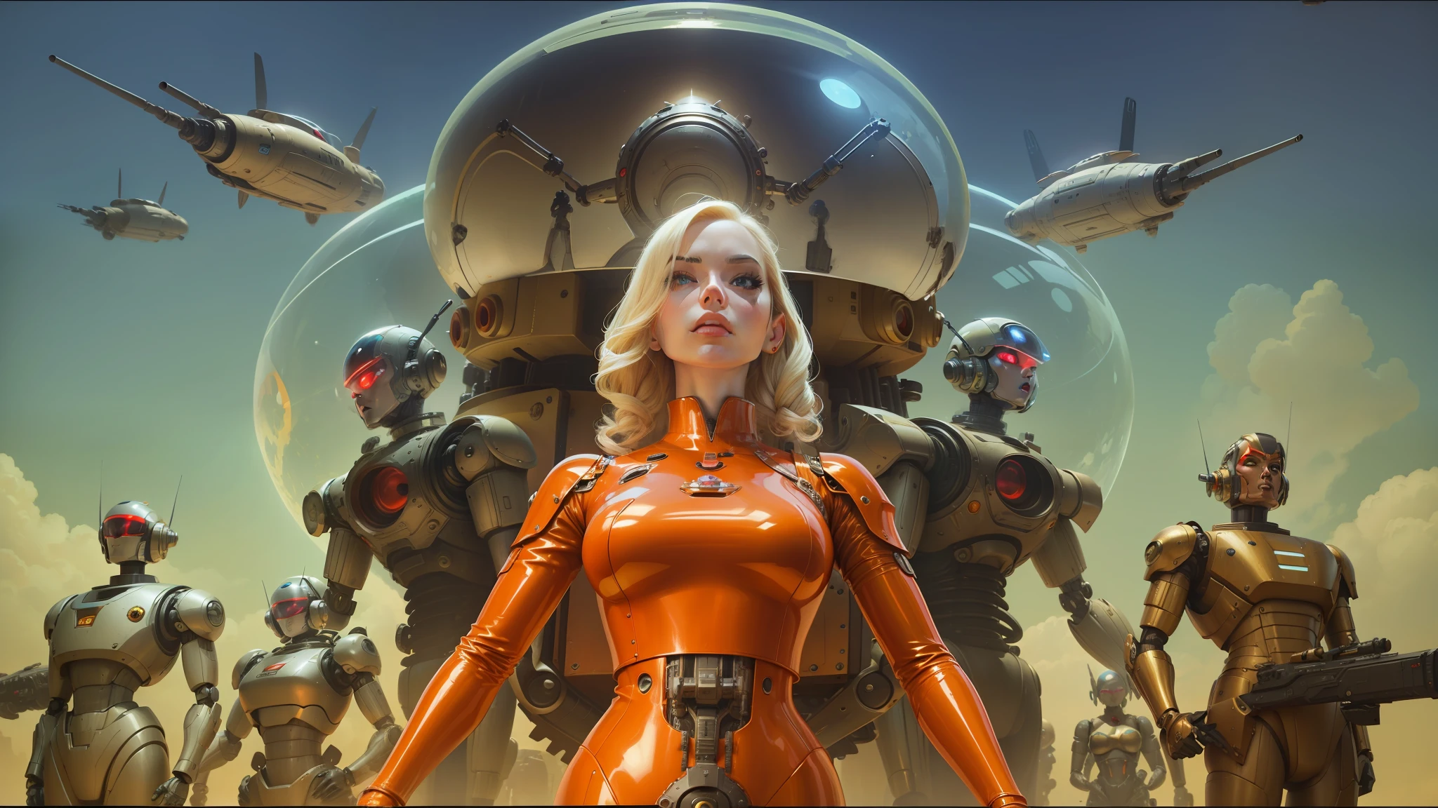 blond woman in red latex dress standing in front of a group of robots, detailed sci-fi art, the jewelpunk aesthetic, still frame from a movie, dan decarlo, art germ, girl wearing robotic suit, artwork in the style of z.w. gu, red skies, domes, hollow earth, gloss --auto --s2