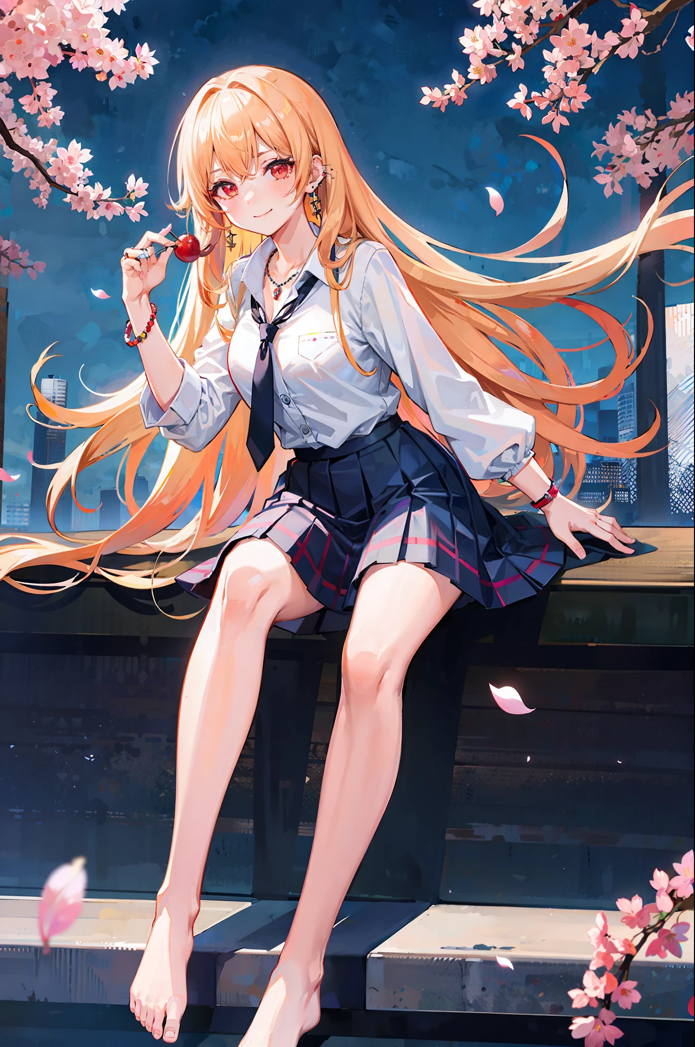 masterpiece, best quality, 1 girl, long hair, bored, sitting, feet up, sole, 0.6,bangs, black necklace, black tie, blonde hair, blue skirt, blush, bracelet, breasts, necklace, waist dress, collarbone, collared shirt, denim lens, dress shirt, ear piercing, eyebrows visible through hair, gradient hair, grinning, gyaru, jewelry, kogal, long hair, looking at the audience, loose tie, tie, piercing, plaid skirt, pleated skirt, red eyes, ring, school uniform, shirt, dress, smile, solo, white shirt, street, sky, cherry blossoms, petals,