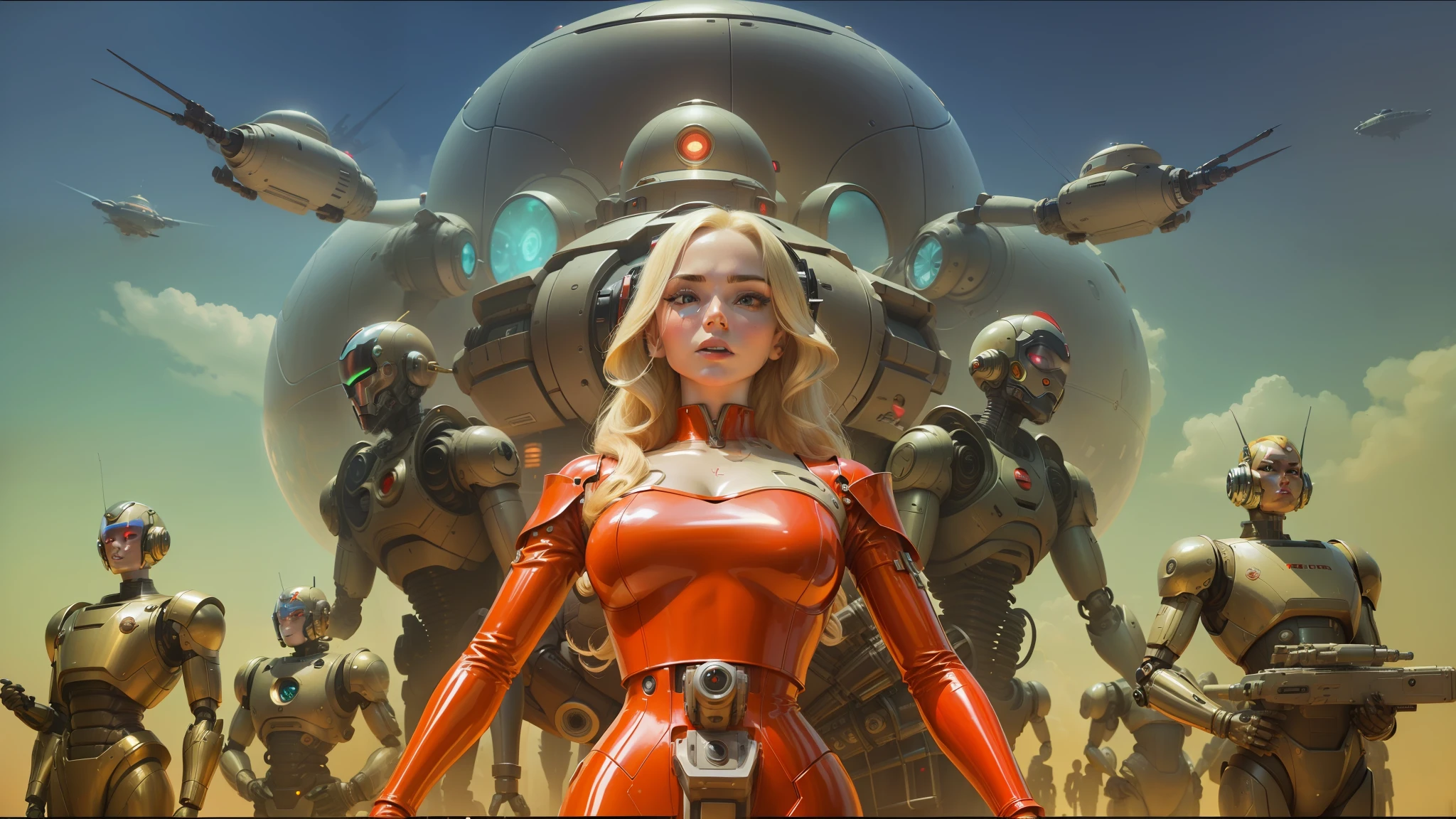 blond woman in red latex dress standing in front of a group of robots, detailed sci-fi art, the jewelpunk aesthetic, still frame from a movie, dan decarlo, art germ, girl wearing robotic suit, artwork in the style of z.w. gu, red skies, domes, hollow earth, gloss --auto --s2