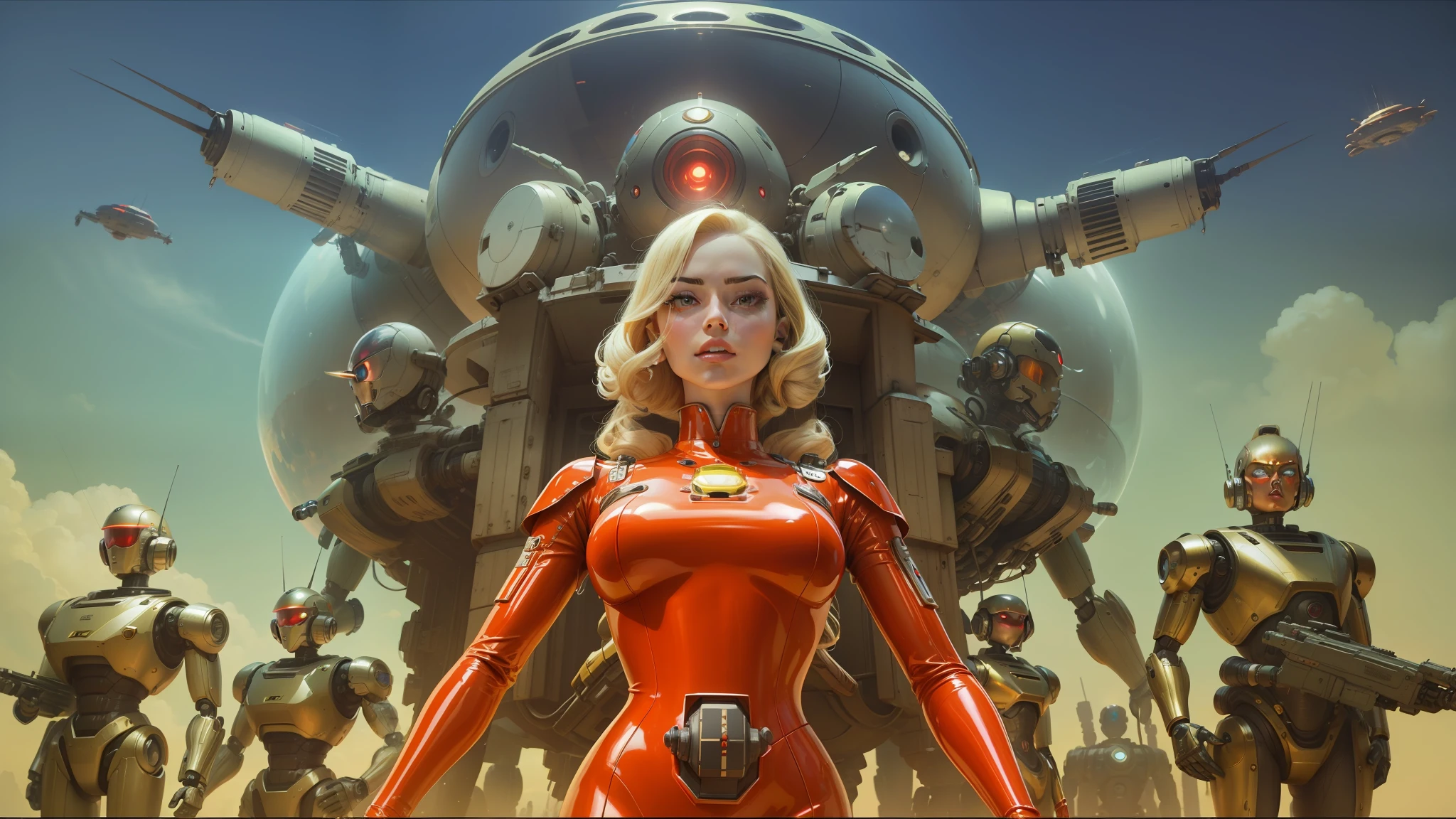 blond woman in red latex dress standing in front of a group of robots, detailed sci-fi art, the jewelpunk aesthetic, still frame from a movie, dan decarlo, art germ, girl wearing robotic suit, artwork in the style of z.w. gu, red skies, domes, hollow earth, gloss --auto --s2