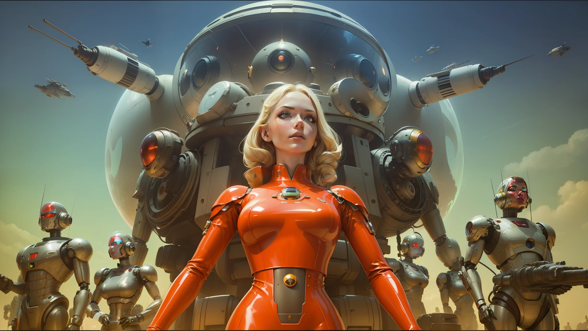 blond woman in red latex dress standing in front of a group of robots, detailed sci-fi art, the jewelpunk aesthetic, still frame from a movie, dan decarlo, art germ, girl wearing robotic suit, artwork in the style of z.w. gu, red skies, domes, hollow earth, gloss --auto --s2