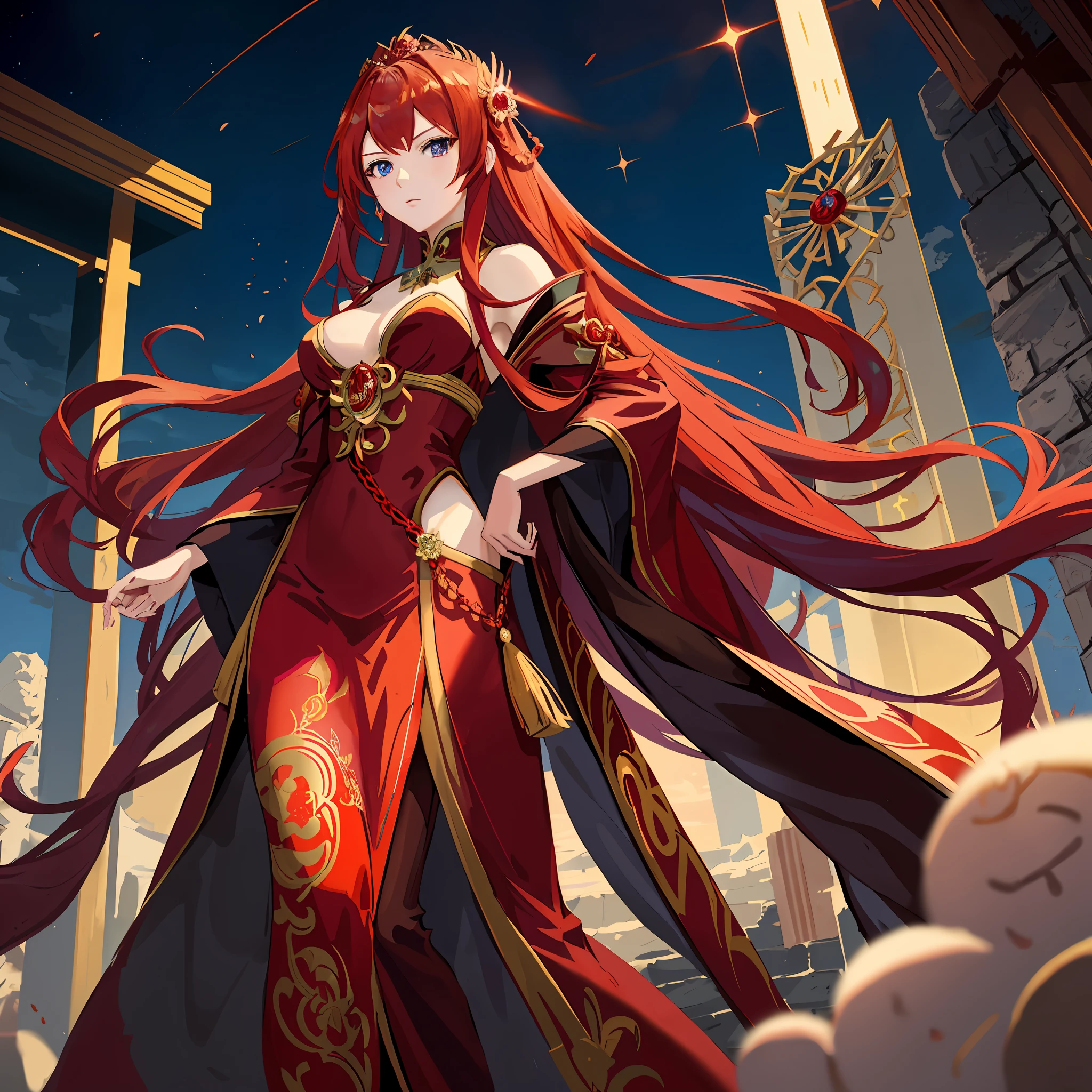 anime - style image of a woman in a red dress with long red hair, blue eyes, keqing from genshin impact, ((a beautiful fantasy empress)), anime goddess, cushart krenz key art feminine, a beautiful fantasy empress, ayaka genshin impact, red haired goddess, zhongli from genshin impact, wearing gilded red robes