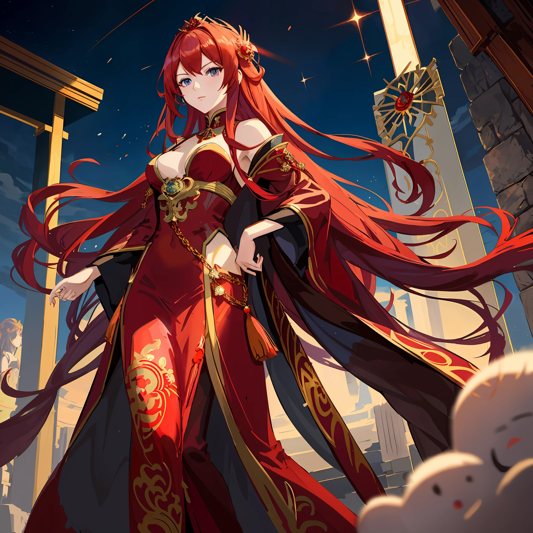 anime - style image of a woman in a red dress with long red hair, blue eyes, keqing from genshin impact, ((a beautiful fantasy empress)), anime goddess, cushart krenz key art feminine, a beautiful fantasy empress, ayaka genshin impact, red haired goddess, zhongli from genshin impact, wearing gilded red robes