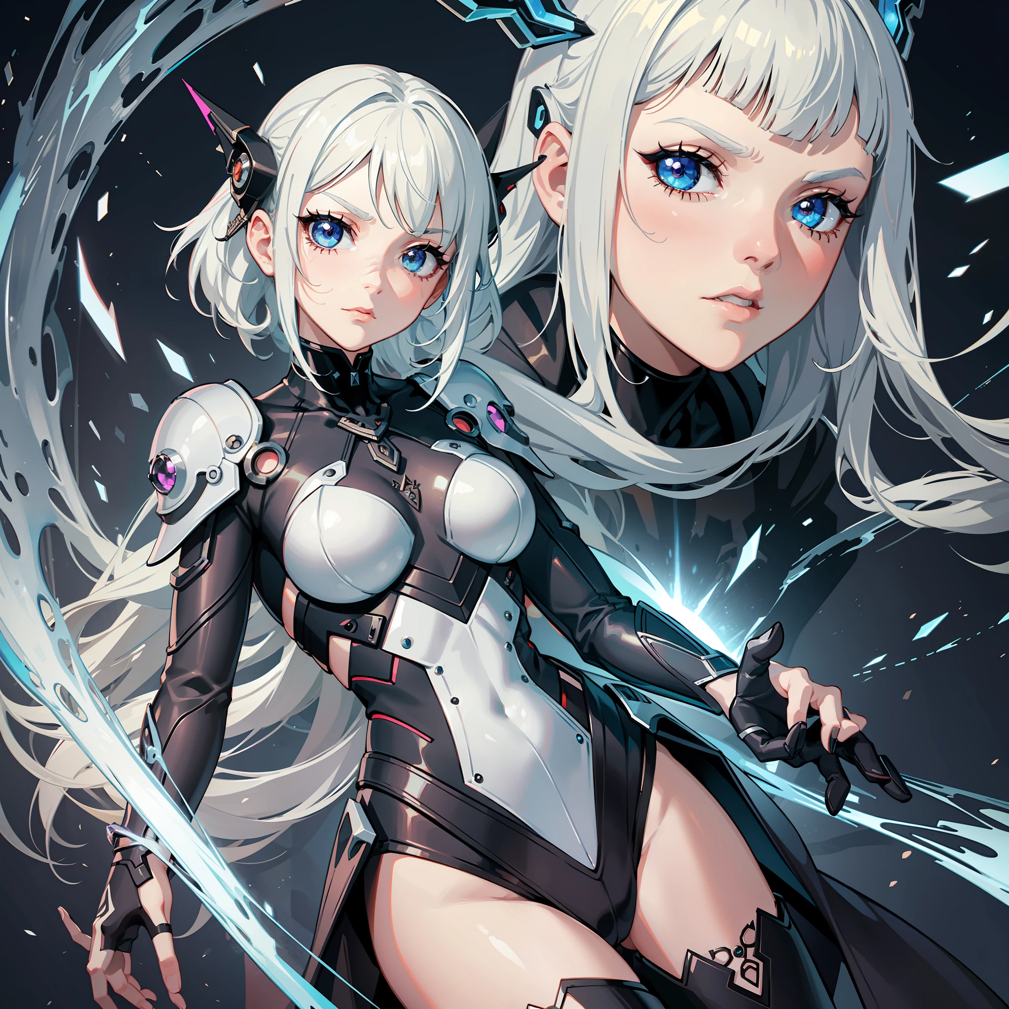 banner size, banner size, background type, background style,8k, ultra hd, female character, 3d, fantasy, short white hair, total white eyes, goddess, grimes neofantasy anime gene CRISPR, computer aesthetics, connected body, elegant white armor, white henna tattoo on your face, powerful, modern design, grimes style pose, mechanical cybernetic dragons in the background, we appreciate the power