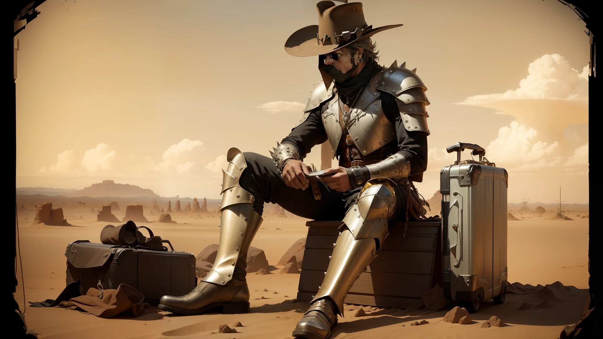 arafed man in a cowboy outfit sitting on a suitcase, spiked metal armor, still frame from a movie, by Keith Parkinson, ffffound, 1 9 century, rock and dust, dune (2021), argos, patriot, high hat, solar punk, 1 8 7 0 --auto --s2