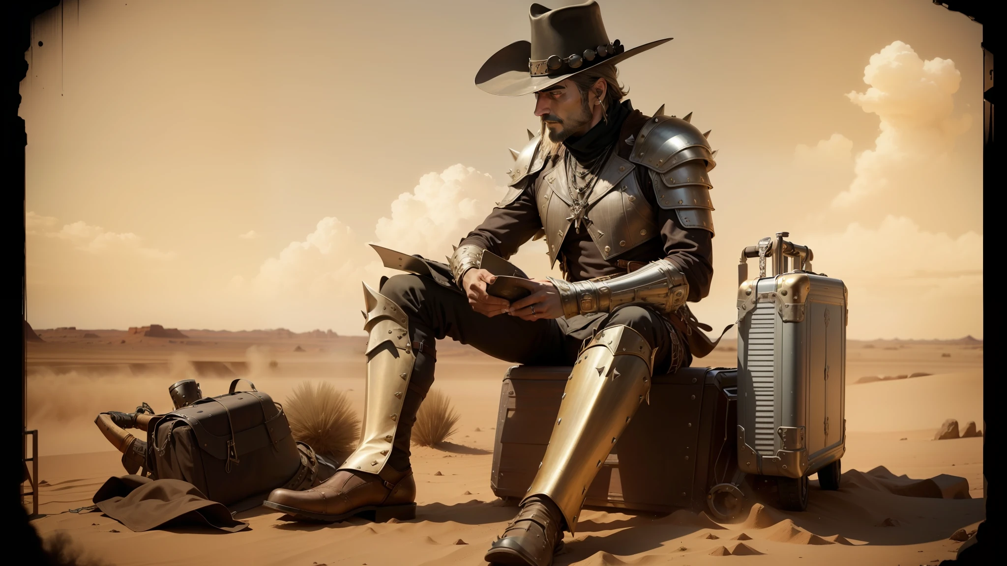 arafed man in a cowboy outfit sitting on a suitcase, spiked metal armor, still frame from a movie, by Keith Parkinson, ffffound, 1 9 century, rock and dust, dune (2021), argos, patriot, high hat, solar punk, 1 8 7 0 --auto --s2