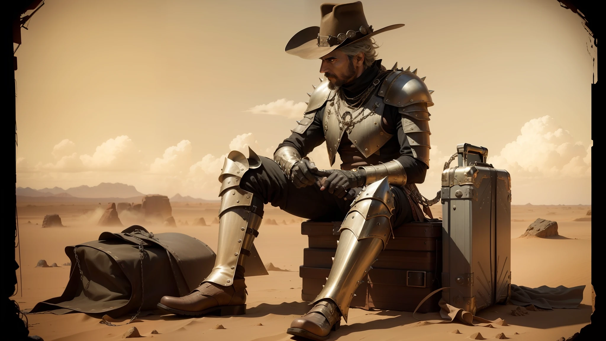 arafed man in a cowboy outfit sitting on a suitcase, spiked metal armor, still frame from a movie, by Keith Parkinson, ffffound, 1 9 century, rock and dust, dune (2021), argos, patriot, high hat, solar punk, 1 8 7 0 --auto --s2