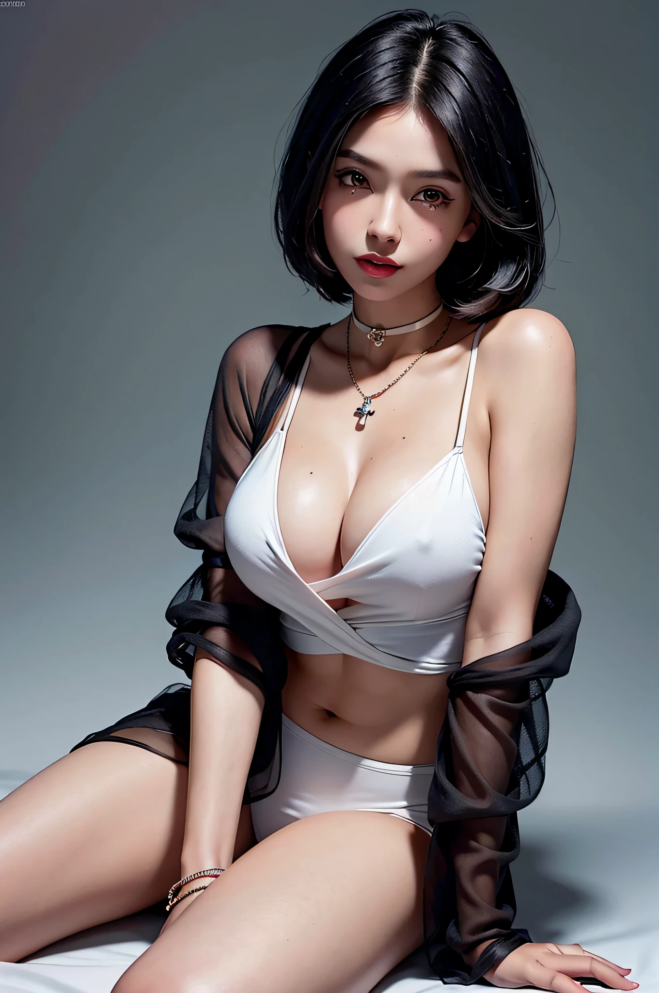 Black hair bob, (8k, RAW photo, photorealistic: 1.25), (very much lip gloss, many eyelashes, highest quality, ultra high resolution, depth of field, chromatic aberration, caustics, wide light, natural color, Japanese , Female in her 30s) Staring at the viewer, necklace, bracelet, choker, full body, big breasts, mole on chest, bare legs, see-through blouse