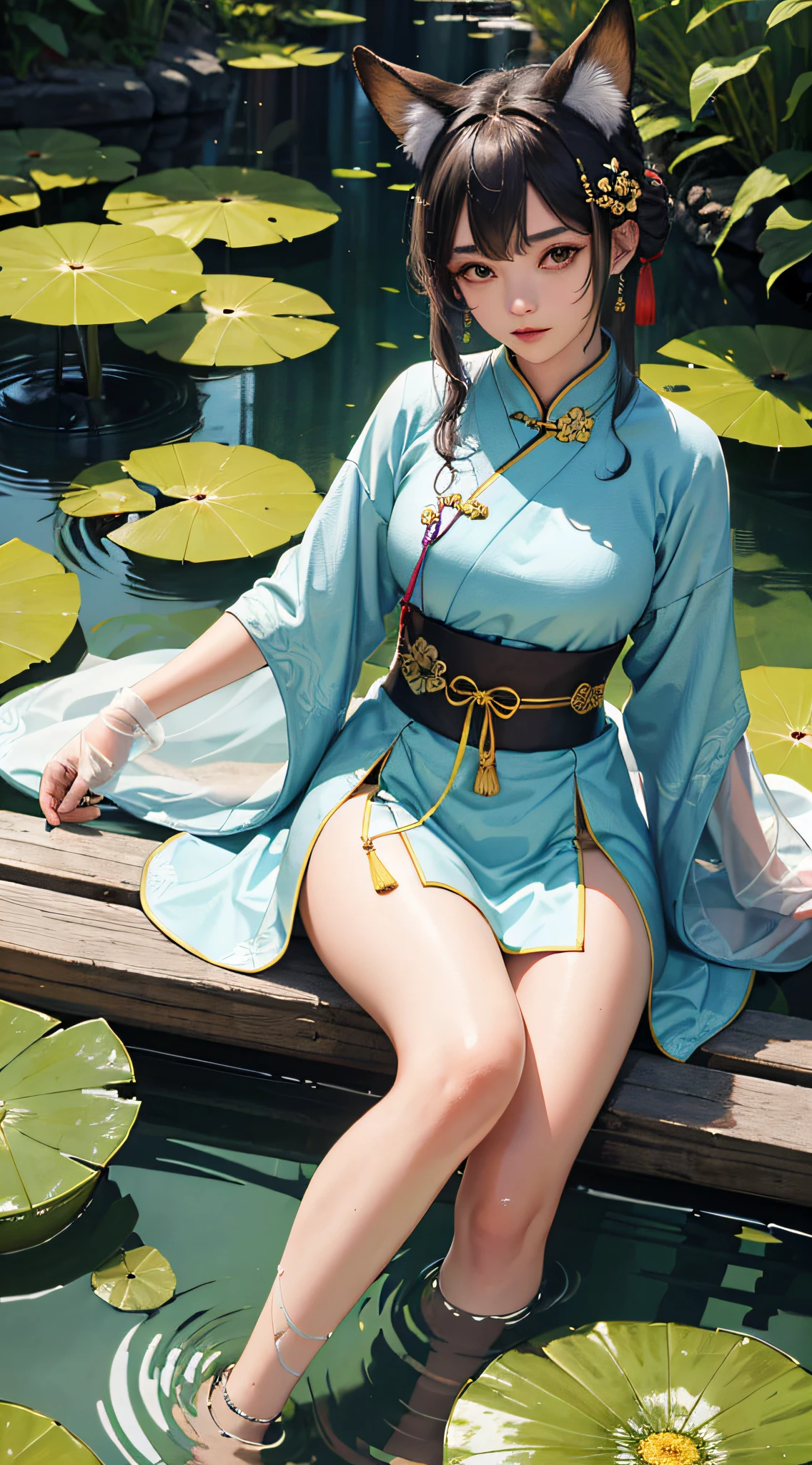 absurdres, highres, ultra detailed, (1girl:1.3), hand drawn, simple line, 16yo girl in colorful Chinese Hanfu, sexy girl with fox ears, at the lotus pond, masterpiece, sitting in water, floating clothes, floating hair