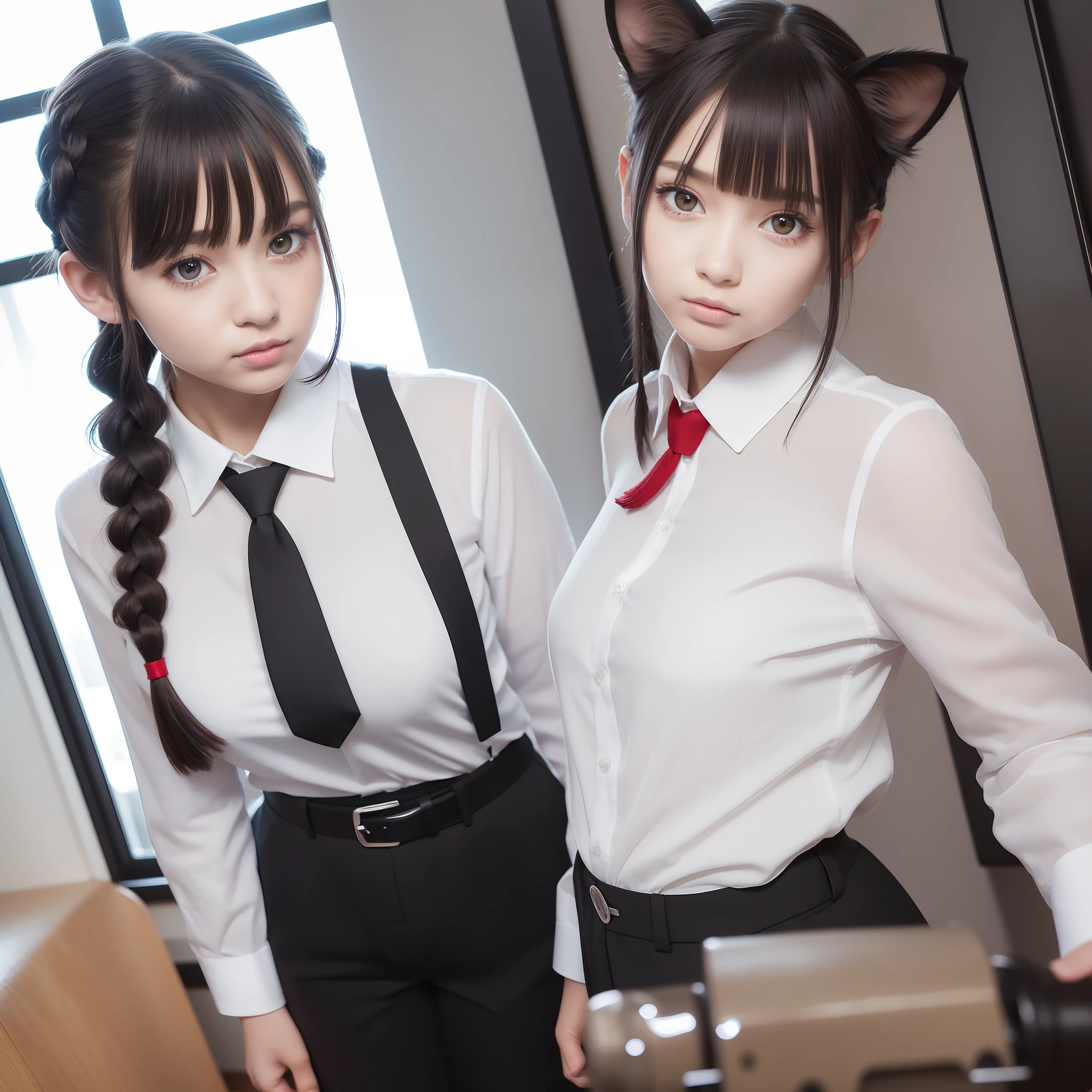 Detailed shiny skin, (realistic, photorealistic: 1.4), pretty girl, standing, looking out the window, white shirt, collared shirt, black tie, black pants, long sleeves, slight smile (red nose), yellow eyes + ringed eyes, short hair + red hair + long braid hair, makima (chainsaw man), cat ears