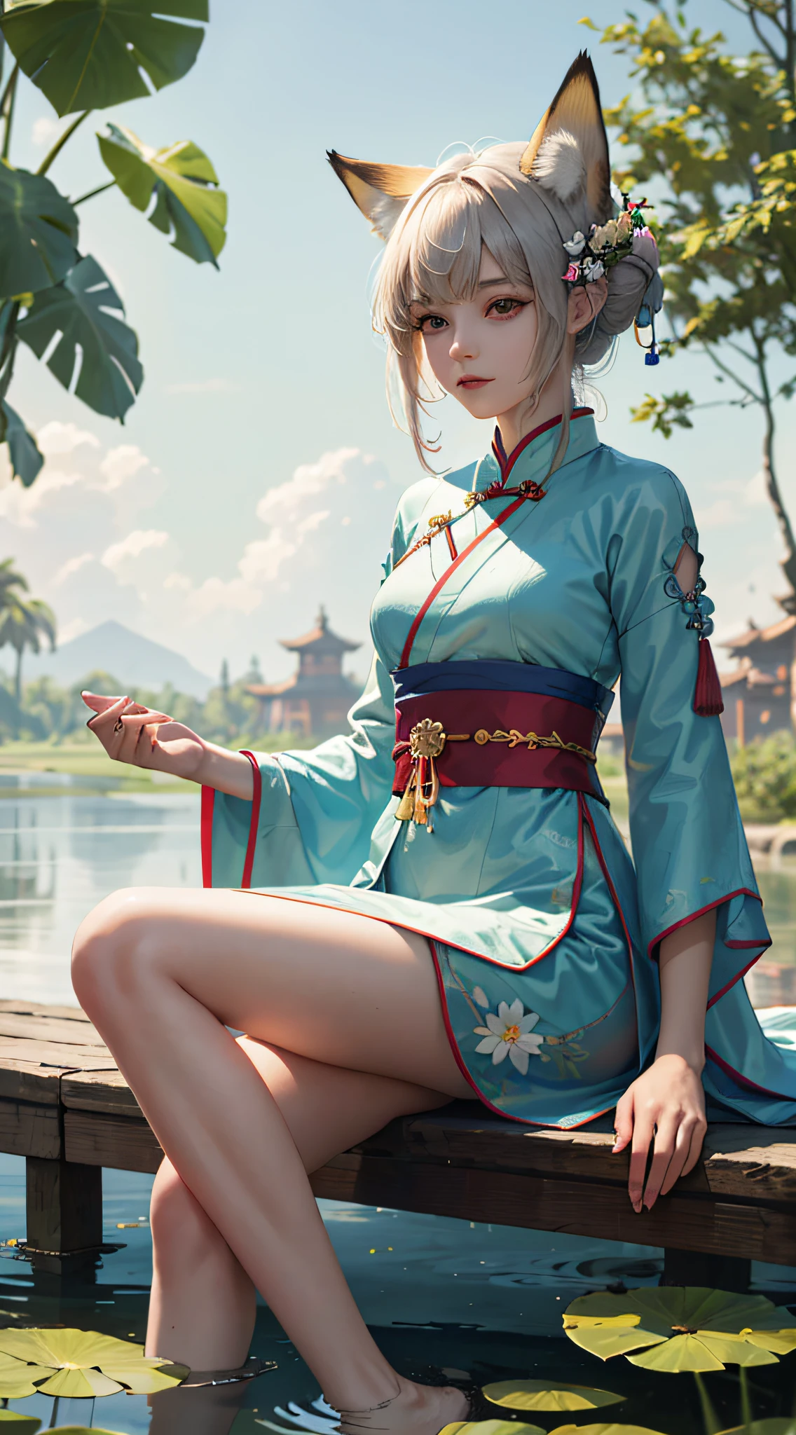 absurdres, highres, ultra detailed, (1girl:1.3), hand drawn, simple line, 16yo girl in colorful Chinese Hanfu, sexy girl with fox ears, at the lotus pond, masterpiece, sitting in water, floating clothes, floating hair