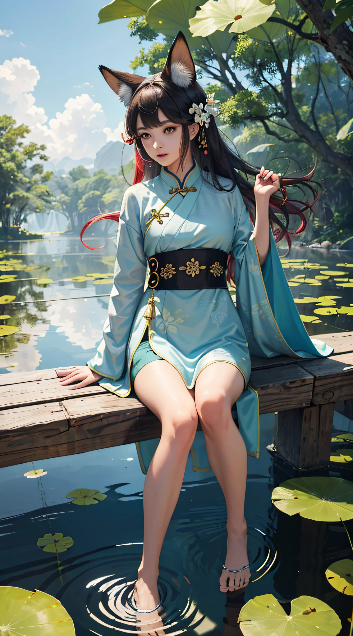 absurdres, highres, ultra detailed, (1girl:1.3), hand drawn, simple line, girl in colorful Chinese Hanfu, sexy girl with fox ears, at the lotus pond, masterpiece, sitting in water, floating clothes, floating hair