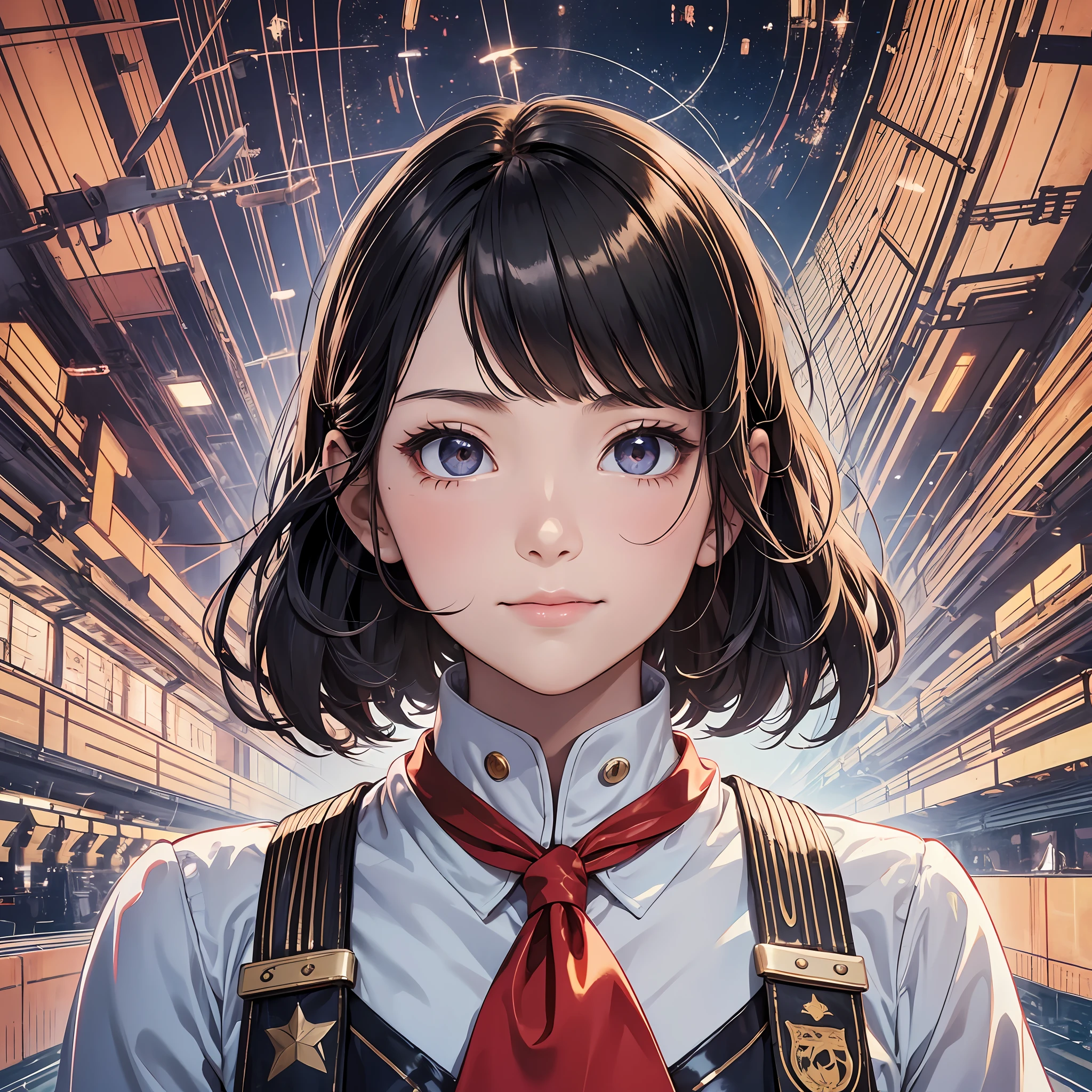 pupils, little girl,, adorable, Thin eyes, A confident smile, Shiny hair, Visible through hair, browjob, CCCPposter, sovietposter, 80s poster, Chinese Commune, communism, sblack hair, Black eye, Shoujo, white_gloves, white_space shoes, white_helmet, red neckerchief, Future aircraft, Side light, reflection, The sun reflects light, red flag, luster, Chinese 80s style, diffuse reflection, Metallic texture, The vision is a factory school, Mecha style, High, Magnificent, satellite, Surrealism, Futurism, cinematic lighting, film grain, close-up, UHD, masterpiece, super detail, high details, high quality, award winning --auto --s2