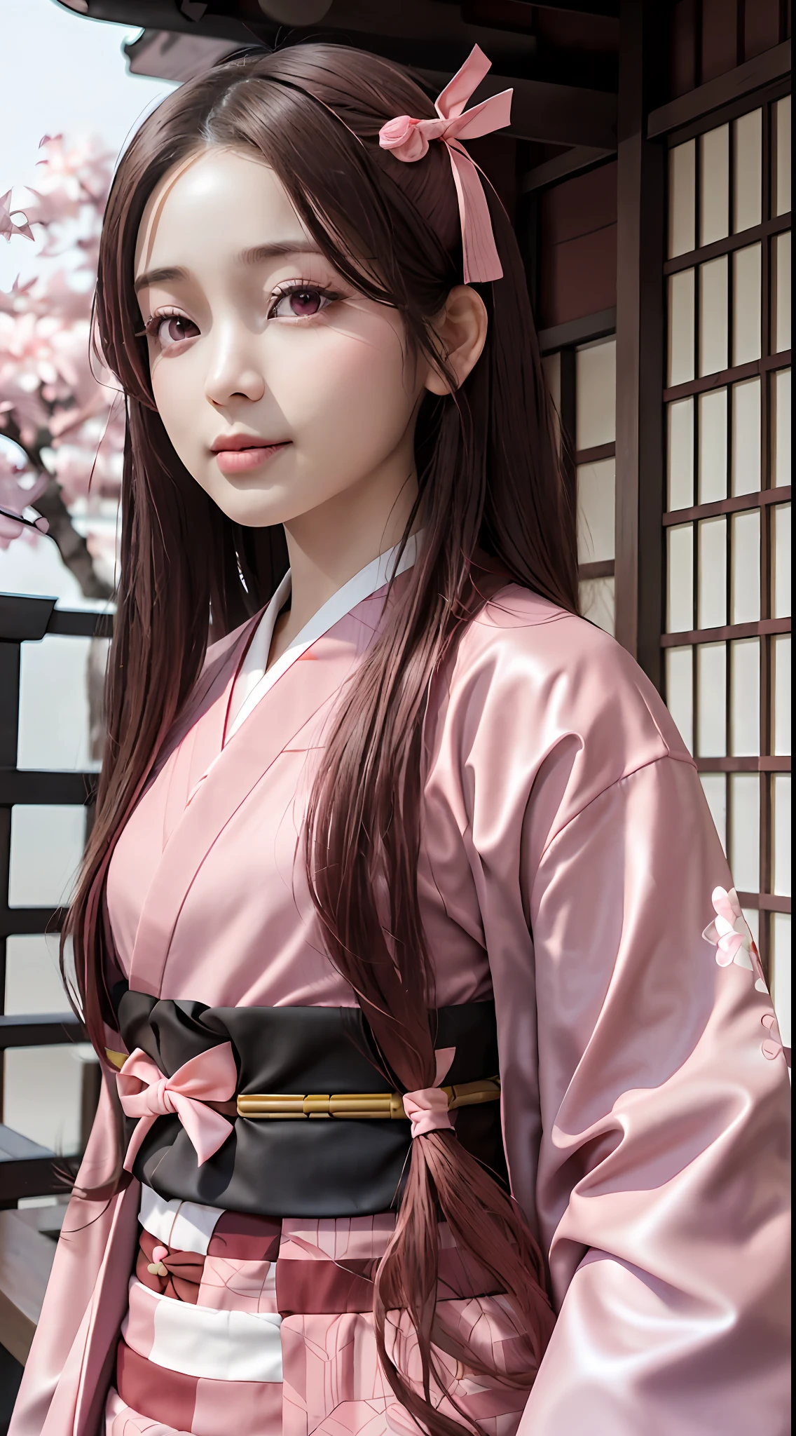 Masterpiece, best quality, high resolution, venus1,1girl, solo, Tsuko Kamato, bamboo, brown hair, (((pink ribbon)) checkered belt, gag, gag, gradient hair, haori, japanese clothes, kimono, long hair, looking at the audience, pink eyes, pink kimono, pink ribbon, solo,
