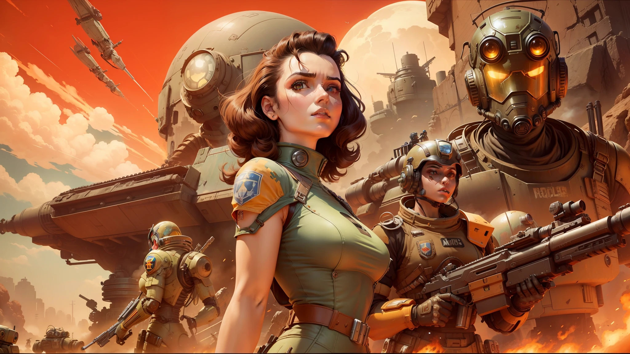 arafed image of a woman holding a gun and a robot, in fallout cover art, american soldiers invaded mars, warm shiny colors, large dieselpunk flying airships, trending on artstattion, melting spaceships!, stunningly detailed artwork, widescreen shot, rockabilly, inspired by Virgil Finlay, good against evil, featured on cgsociety, death and robots --auto --s2