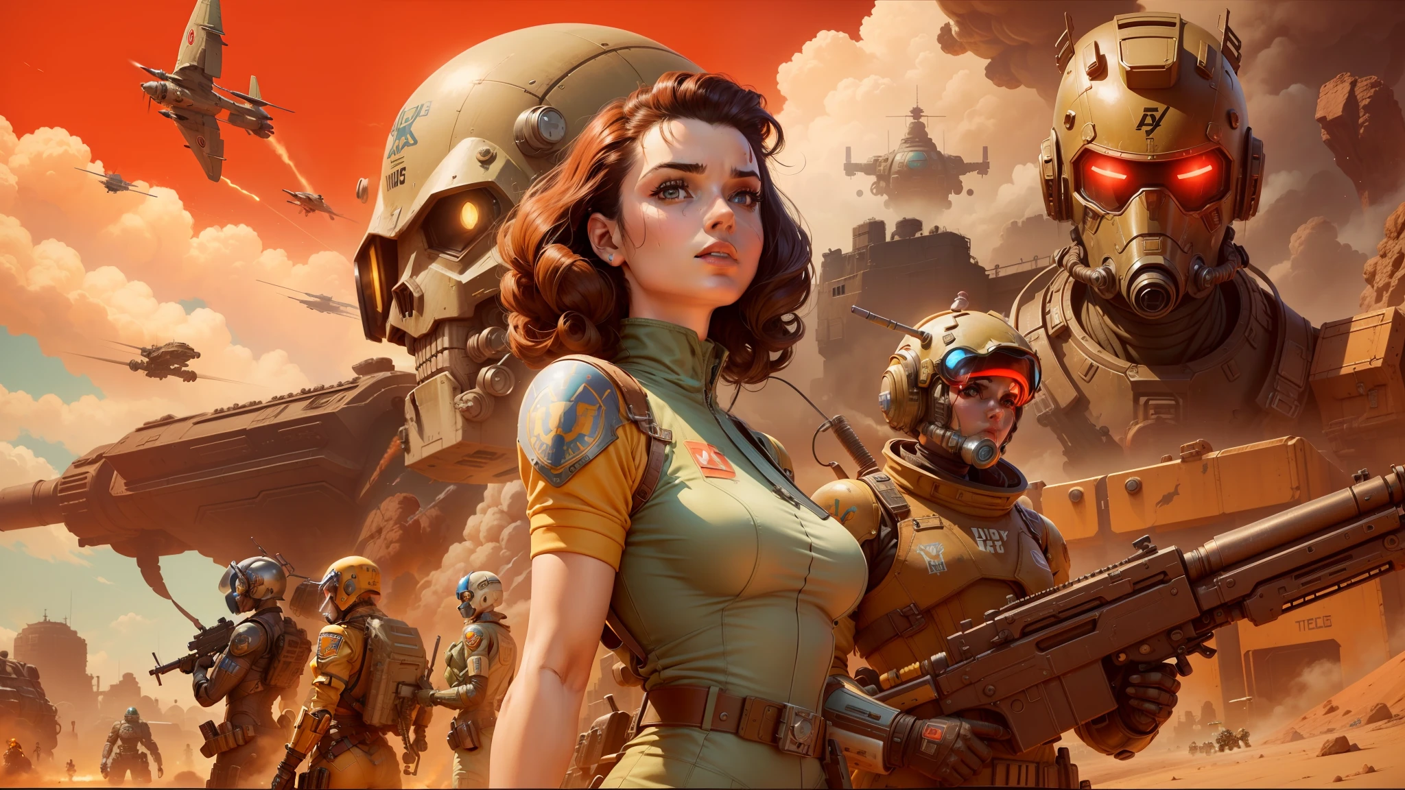 arafed image of a woman holding a gun and a robot, in fallout cover art, american soldiers invaded mars, warm shiny colors, large dieselpunk flying airships, trending on artstattion, melting spaceships!, stunningly detailed artwork, widescreen shot, rockabilly, inspired by Virgil Finlay, good against evil, featured on cgsociety, death and robots --auto --s2